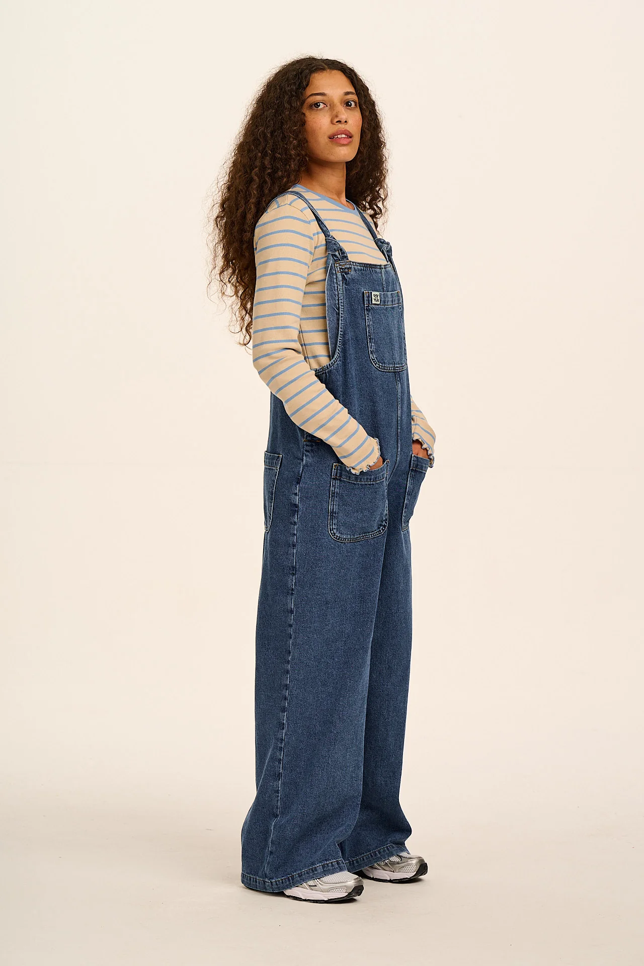 Ali - Wide Leg Denim Dungarees in Mid Wash Blue - Image 4