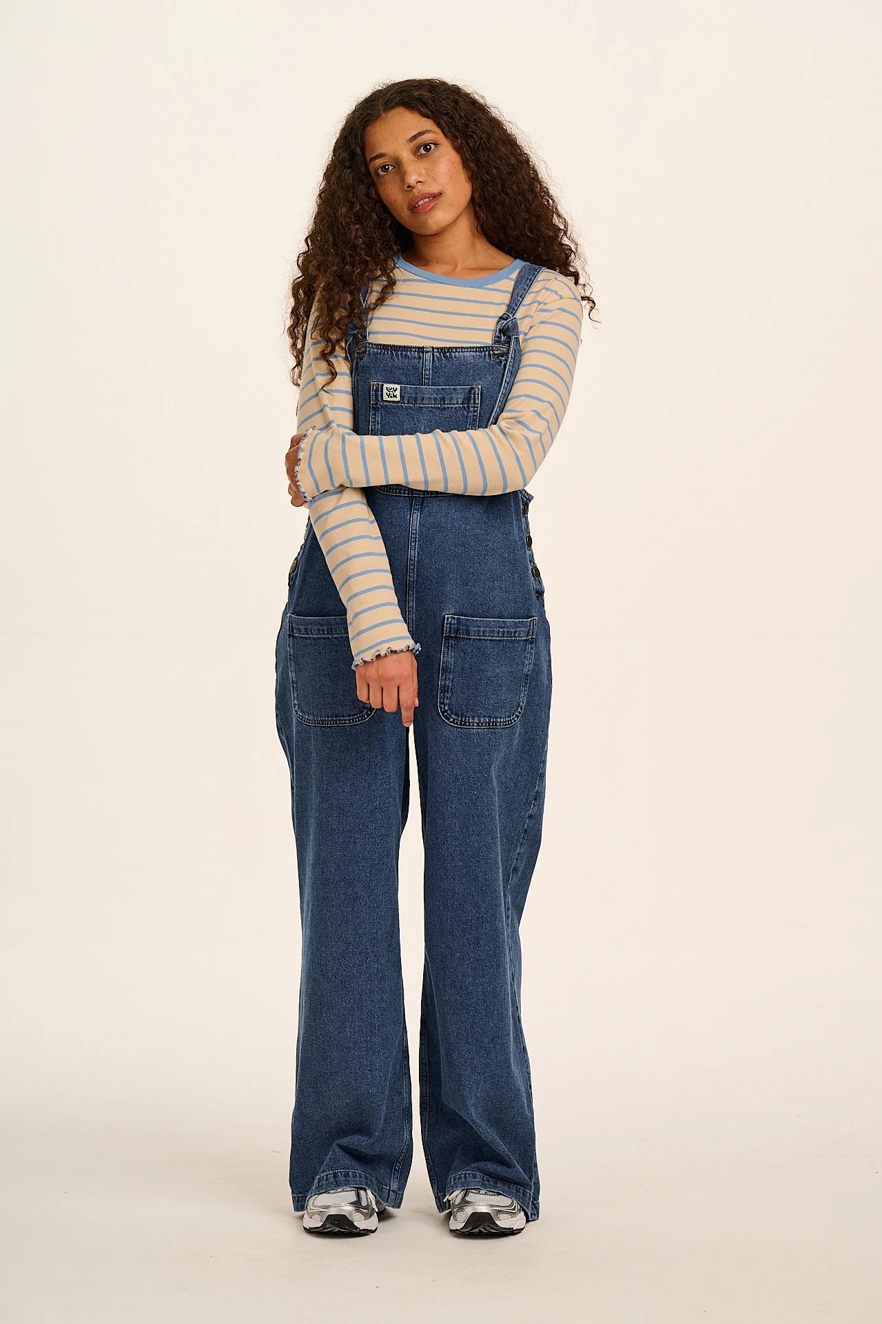Ali - Wide Leg Denim Dungarees in Mid Wash Blue - Image 5