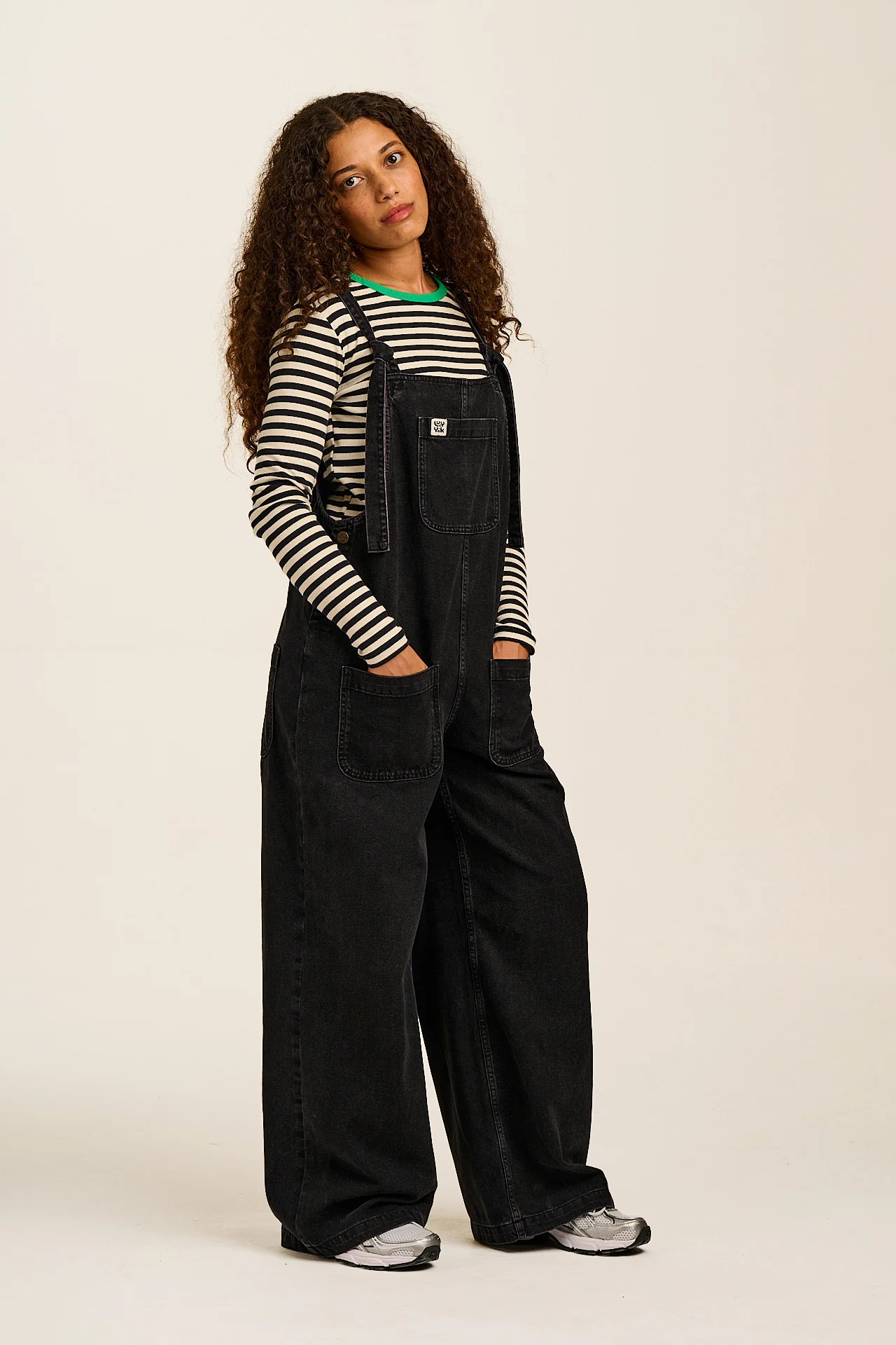 Ali - Wide Leg Denim Dungarees in Washed Black - Image 6