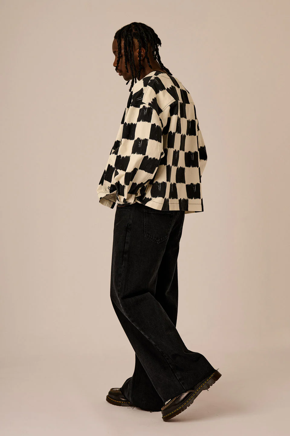 Amarante - Collarless Cotton Jacket in Black & Ecru Blurred Checkerboard - Image 10