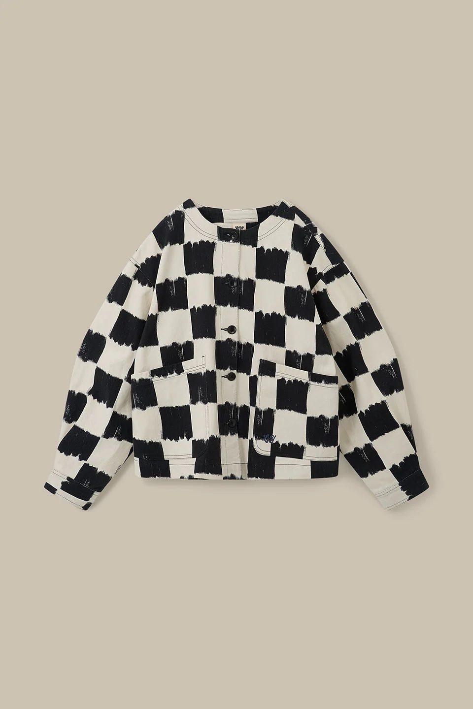 Amarante - Collarless Cotton Jacket in Black & Ecru Blurred Checkerboard - Image 2