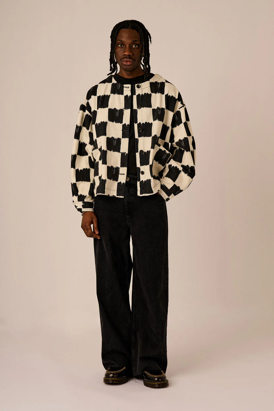 Amarante - Collarless Cotton Jacket in Black & Ecru Blurred Checkerboard - Image 3