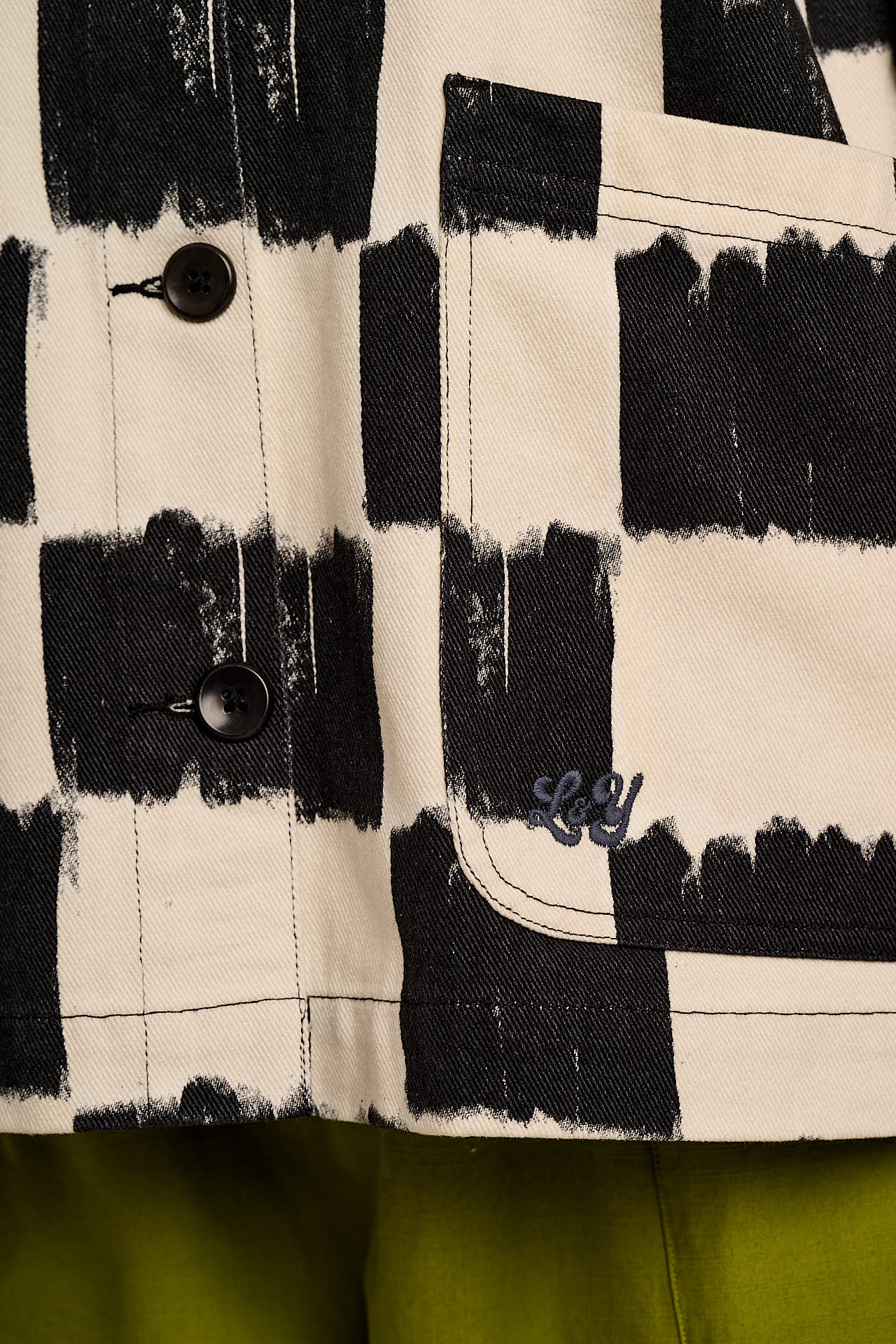 Amarante - Collarless Cotton Jacket in Black & Ecru Blurred Checkerboard - Image 6