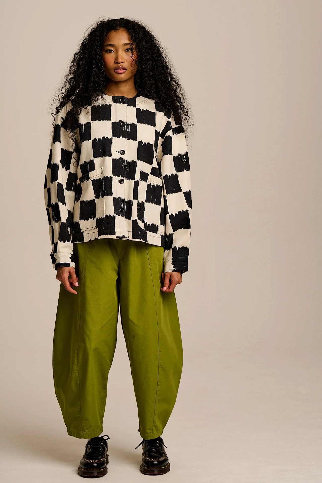 Amarante - Collarless Cotton Jacket in Black & Ecru Blurred Checkerboard - Image 7