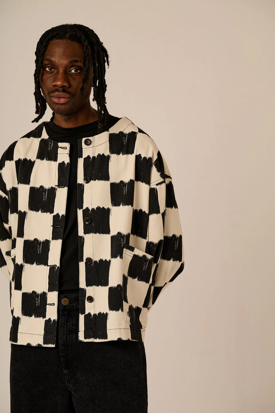 Amarante - Collarless Cotton Jacket in Black & Ecru Blurred Checkerboard - Image 9