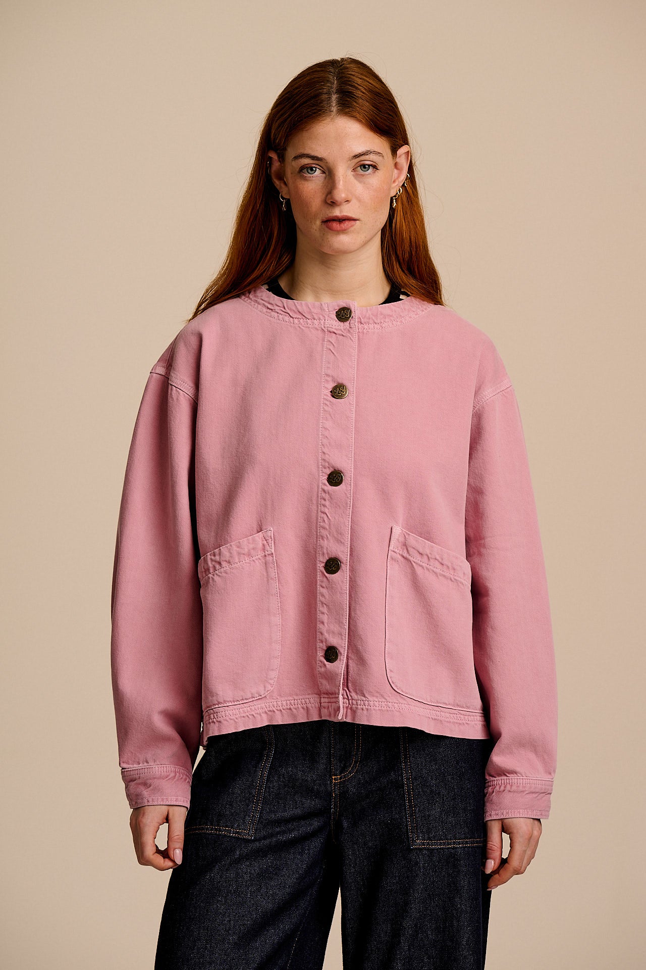 Amarante - Collarless Denim Collarless Jacket in Pink Wash - Image 2