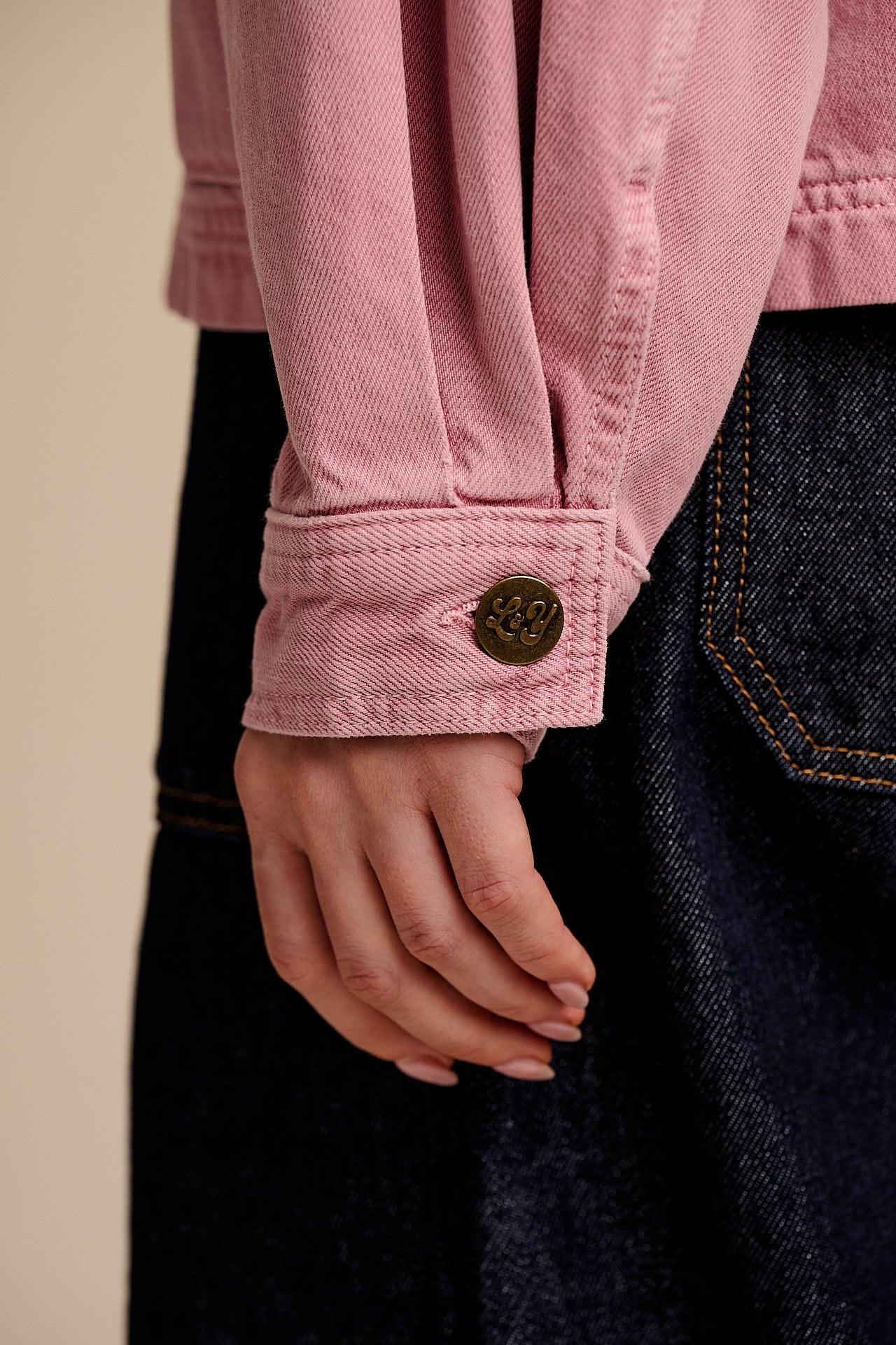 Amarante - Collarless Denim Collarless Jacket in Pink Wash - Image 3