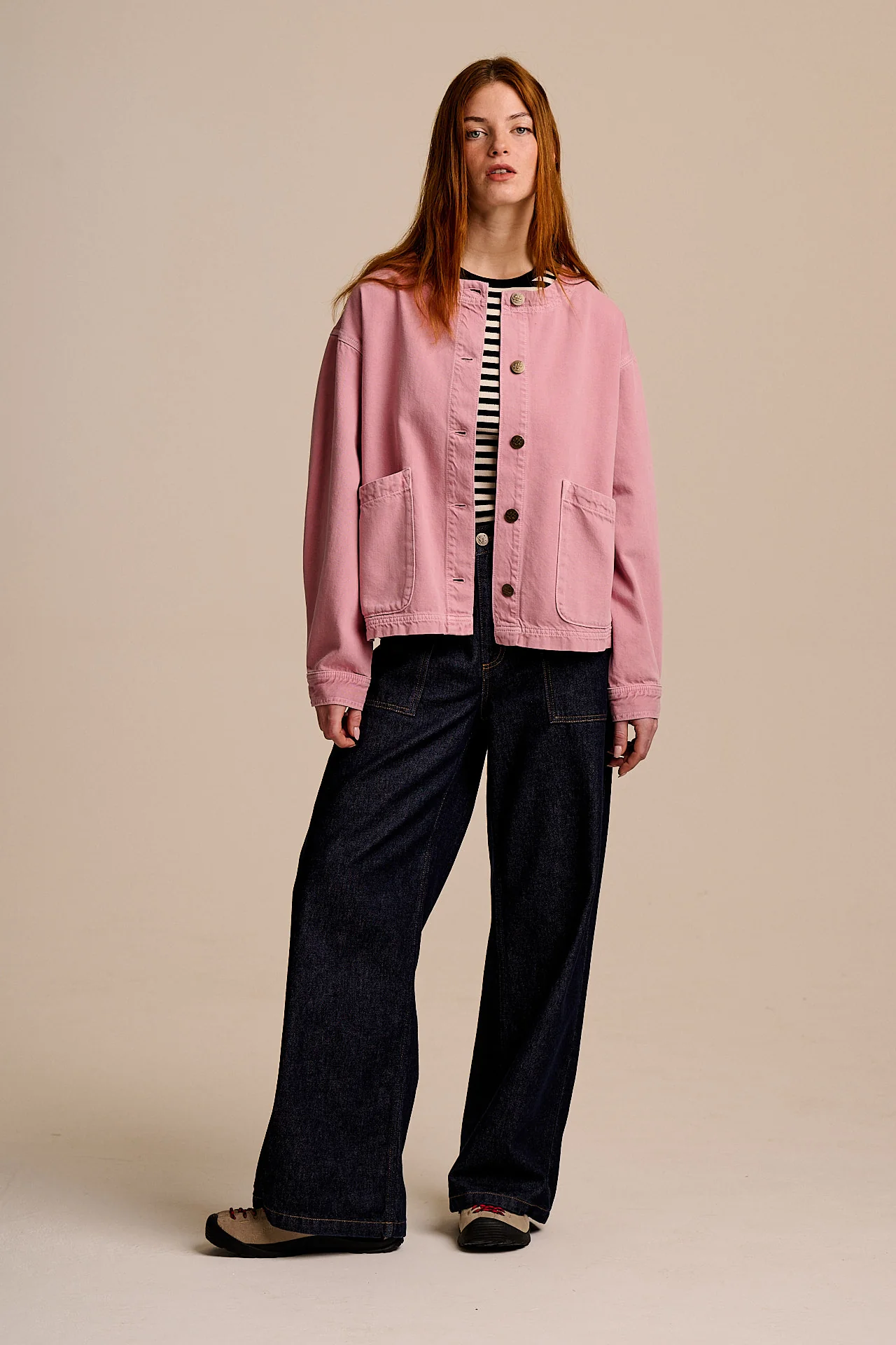 Amarante - Collarless Denim Collarless Jacket in Pink Wash - Image 5