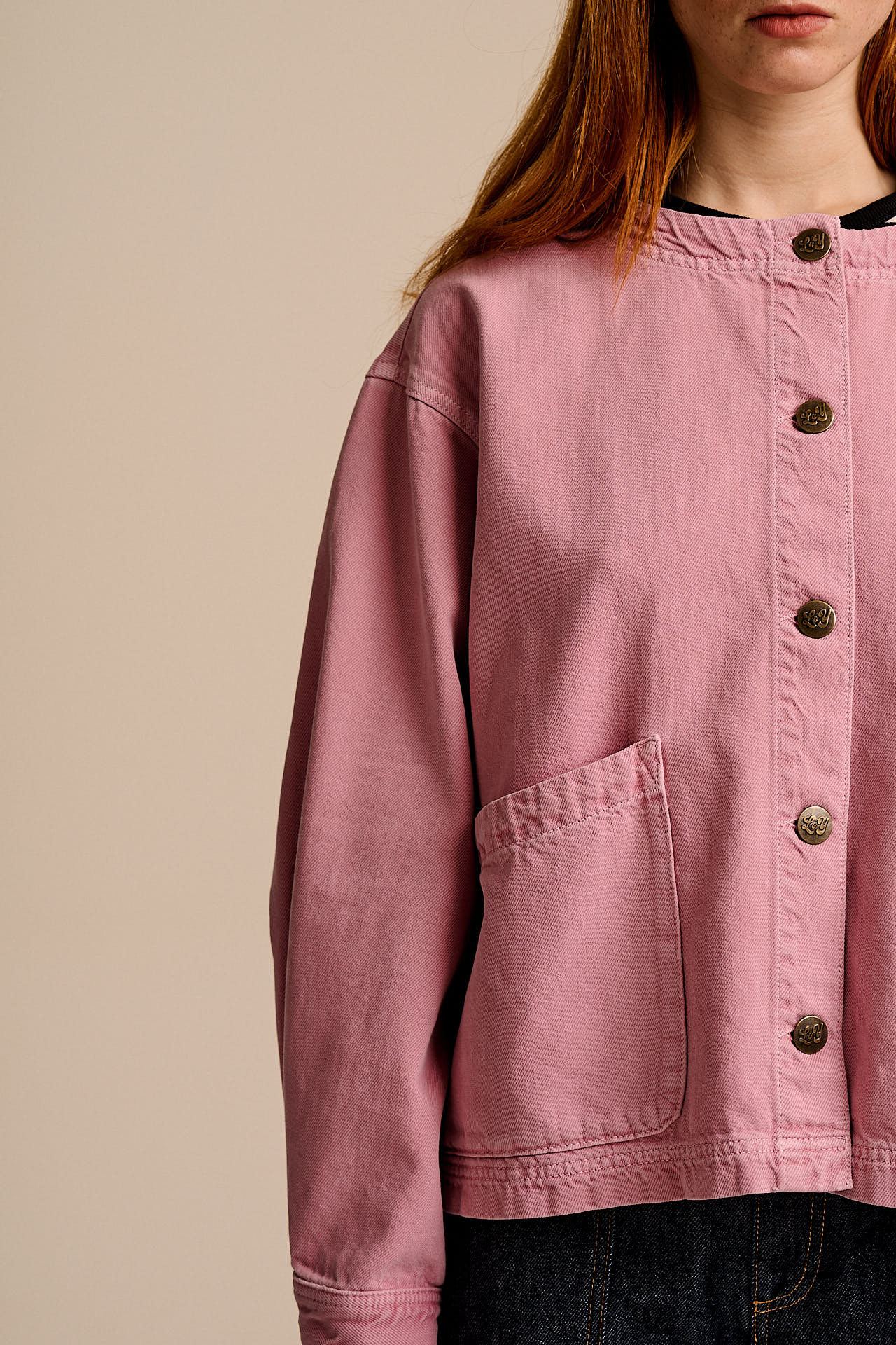 Amarante - Collarless Denim Collarless Jacket in Pink Wash - Image 6