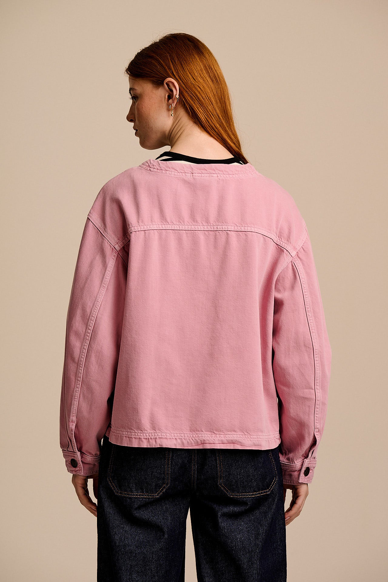 Amarante - Collarless Denim Collarless Jacket in Pink Wash - Image 7