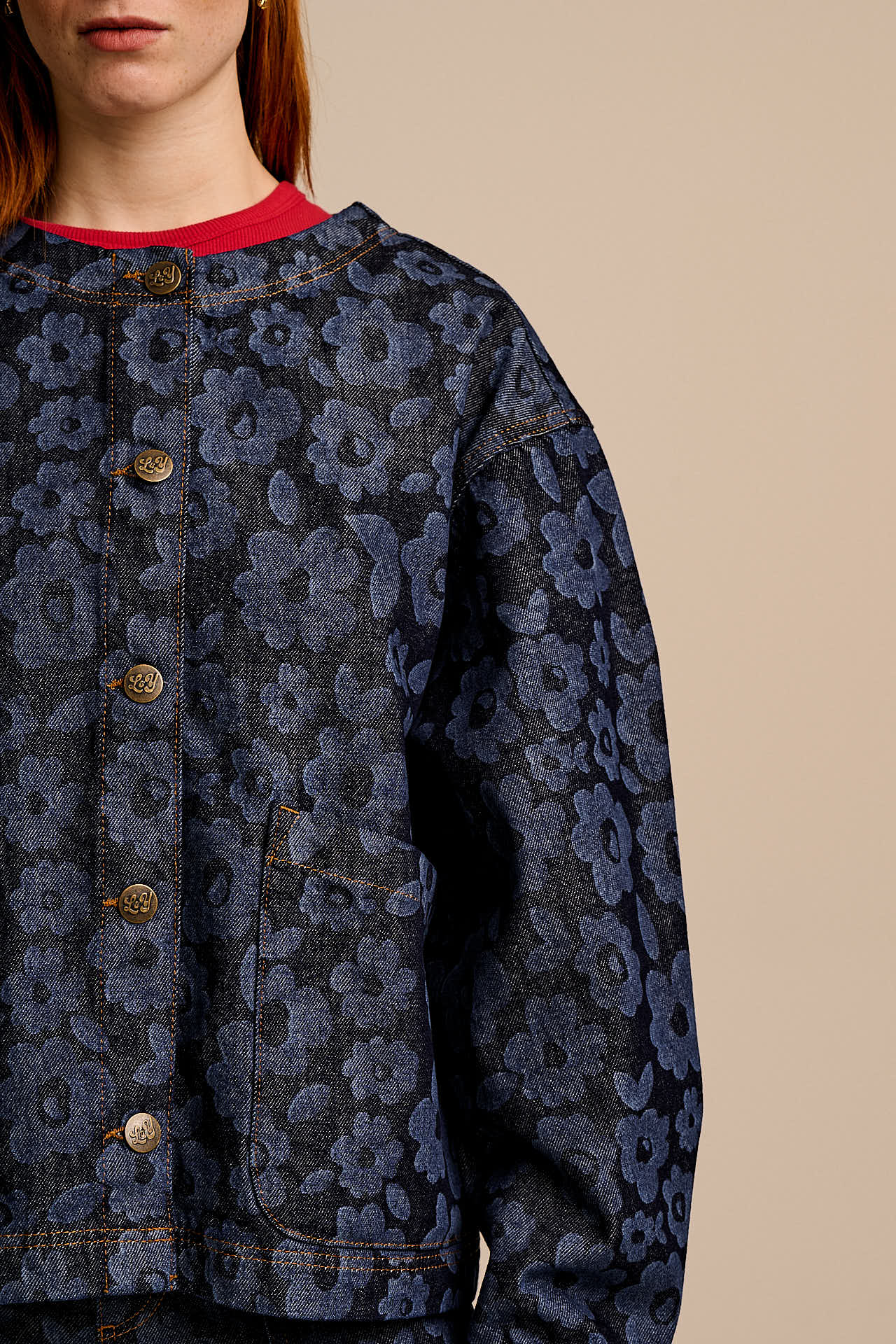 Amarante - Collarless Denim Collarless Jacket in Vida Floral - Image 3