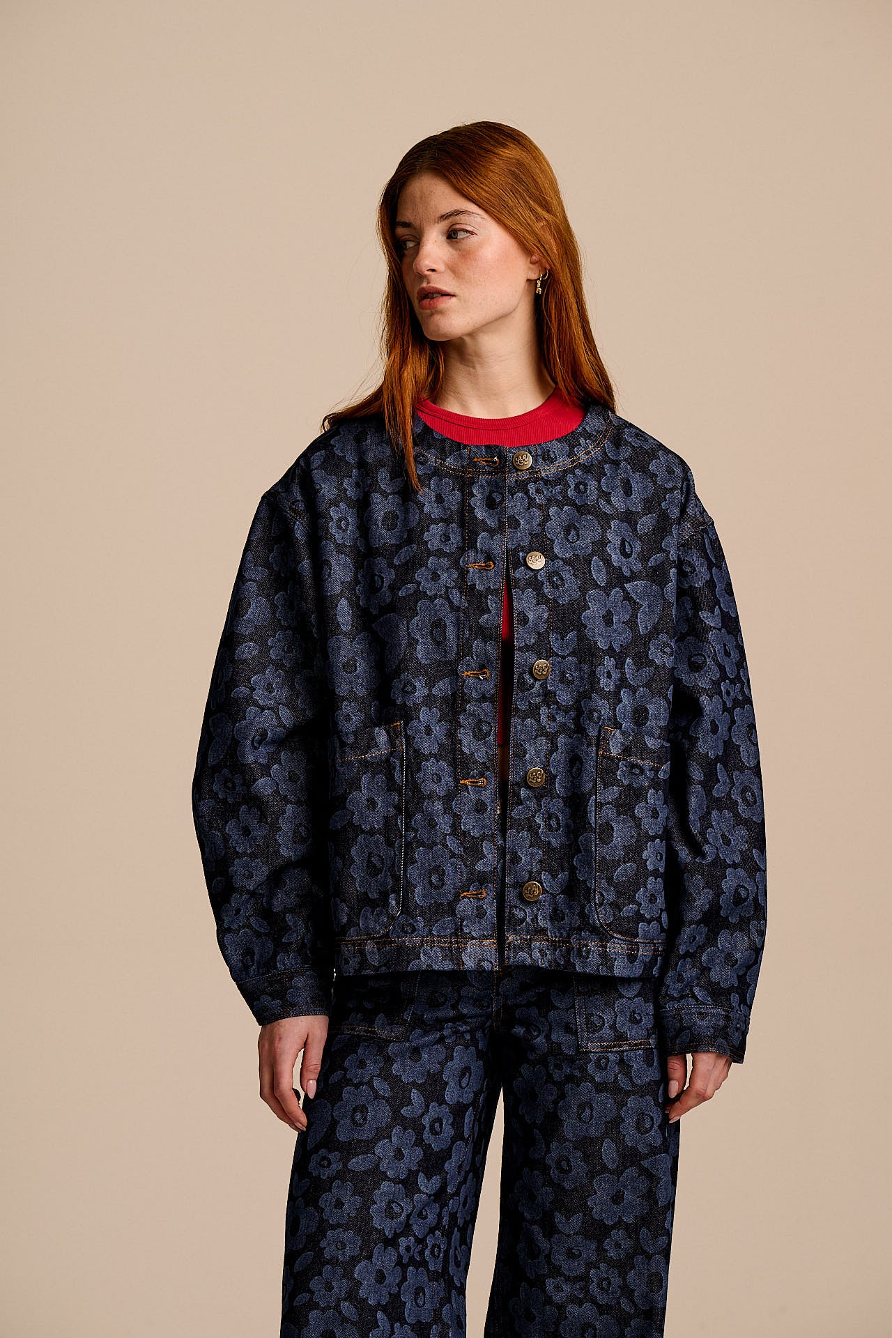 Amarante - Collarless Denim Collarless Jacket in Vida Floral - Image 4