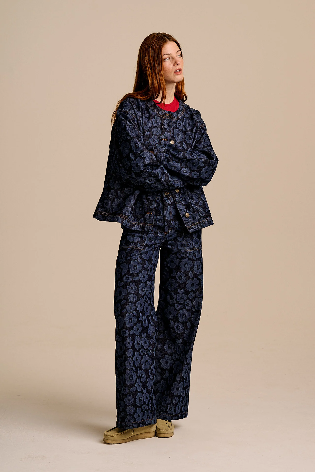 Amarante - Collarless Denim Collarless Jacket in Vida Floral - Image 5