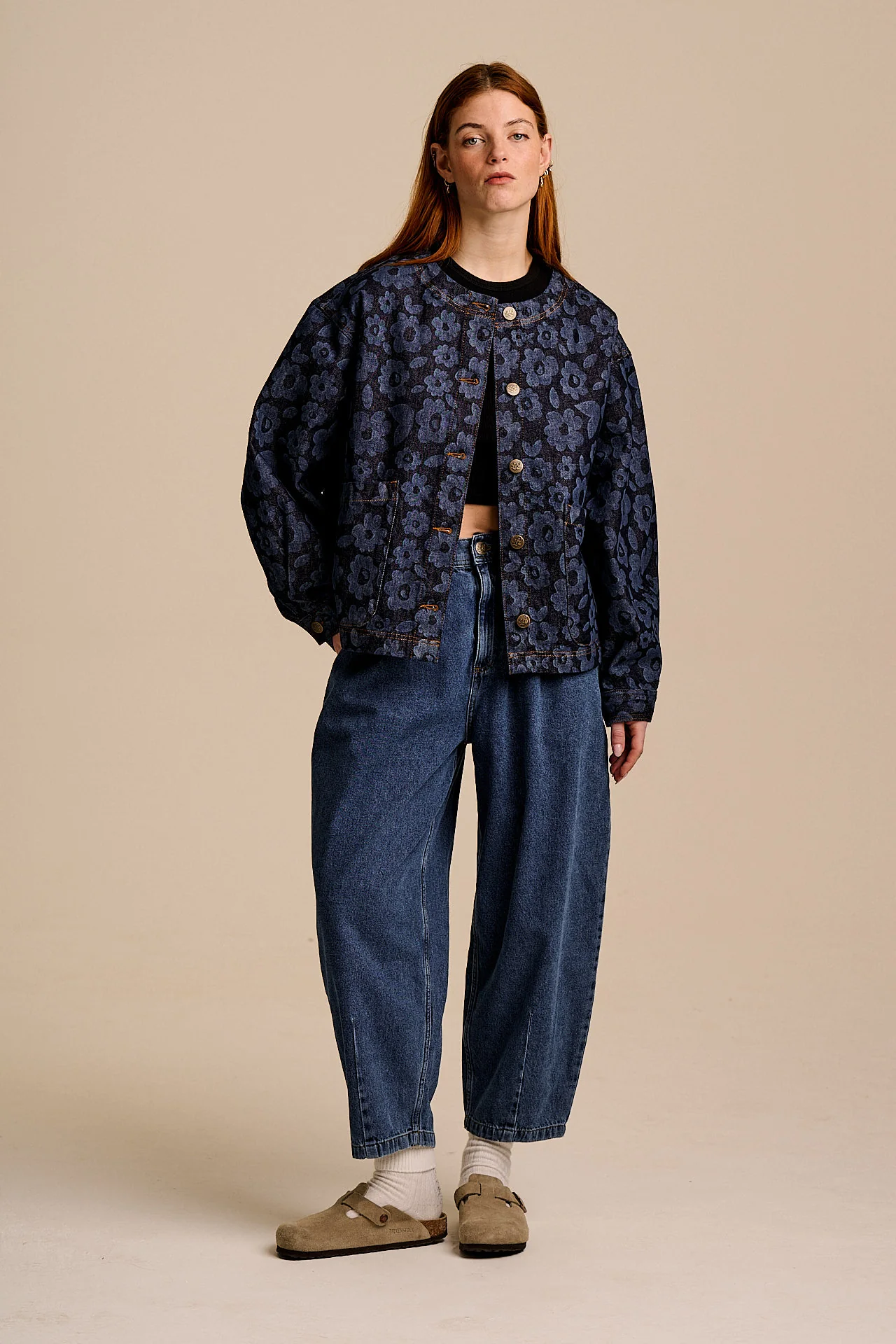 Amarante - Collarless Denim Collarless Jacket in Vida Floral - Image 8