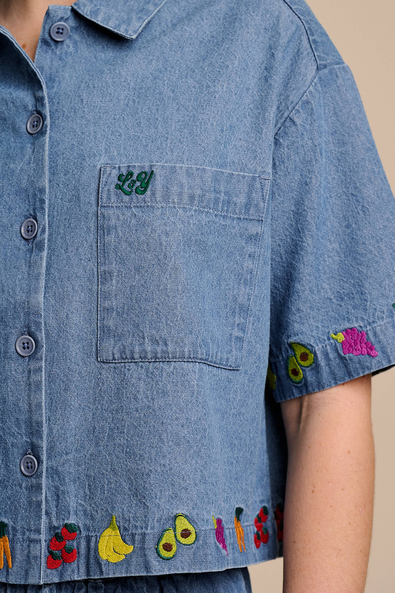 Archer - Cotton Shirt in Light Blue with Veg Embroidery - Image 3