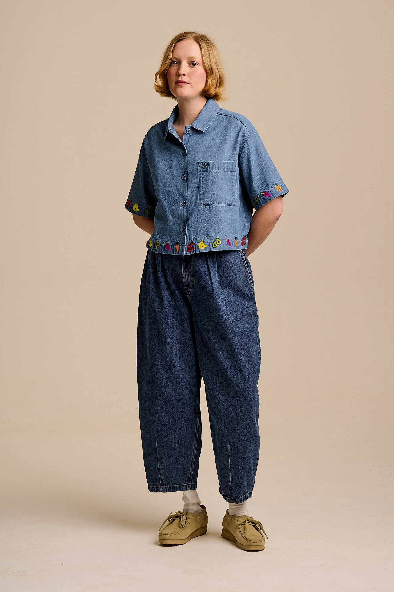 Archer - Cotton Shirt in Light Blue with Veg Embroidery - Image 4