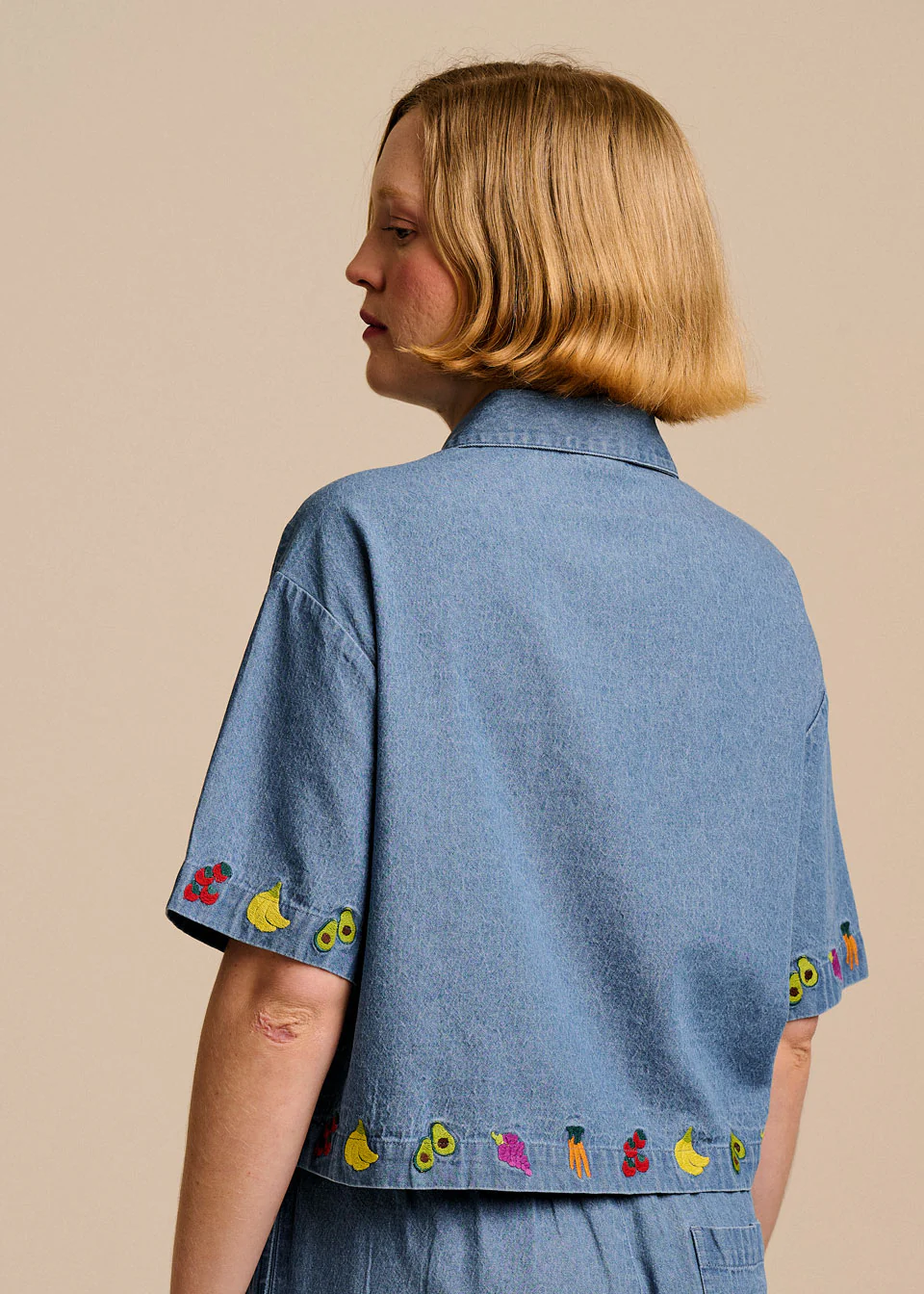 Archer - Cotton Shirt in Light Blue with Veg Embroidery - Image 5