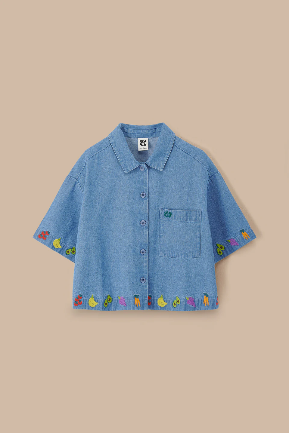 Archer - Cotton Shirt in Light Blue with Veg Embroidery - Image 6