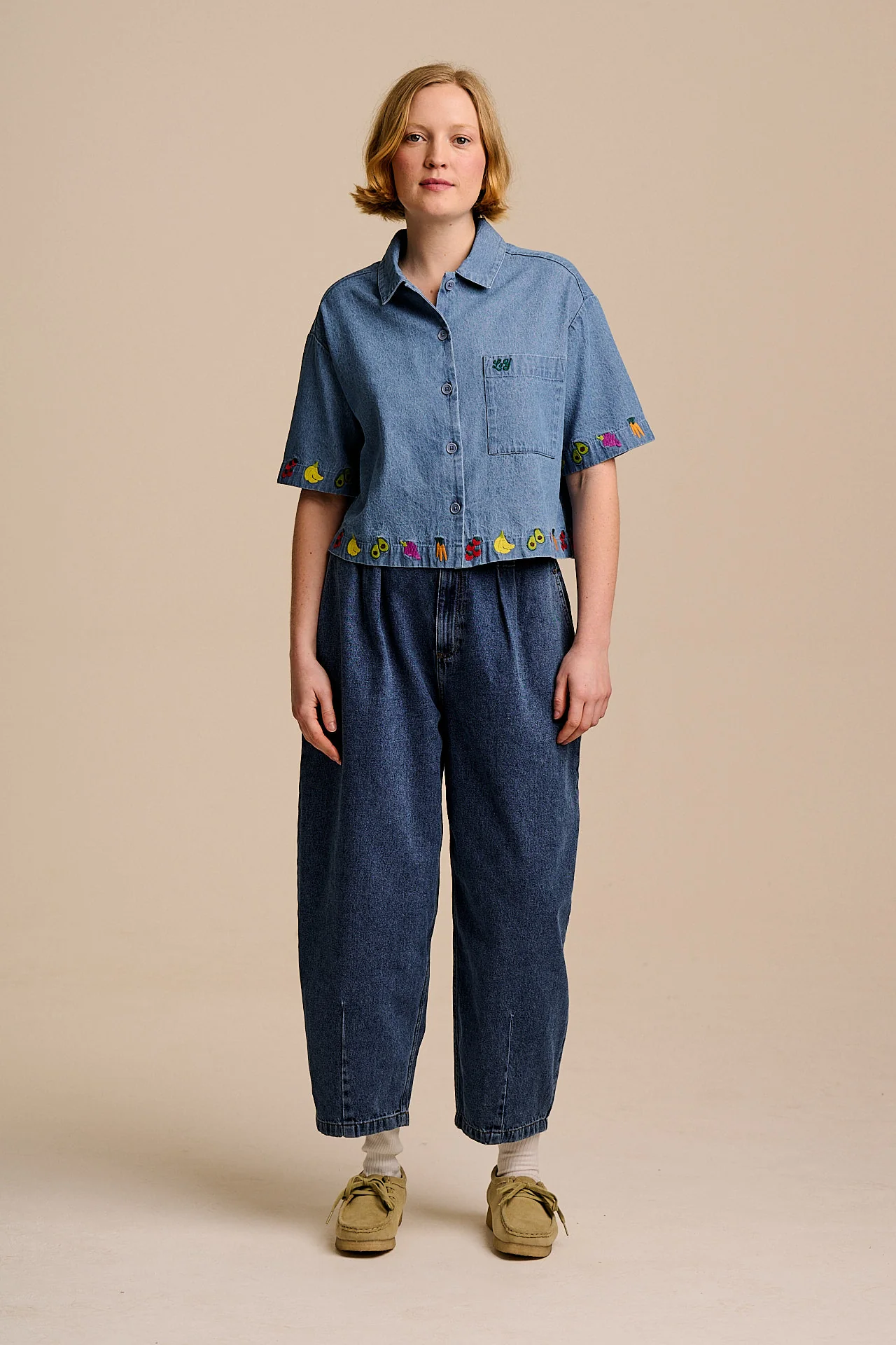 Archer - Cotton Shirt in Light Blue with Veg Embroidery - Image 7