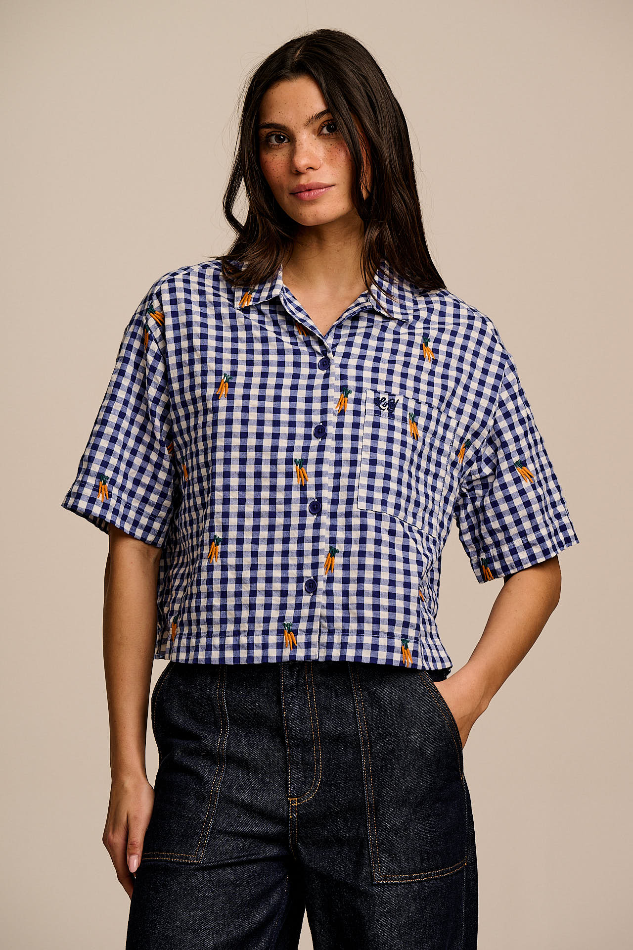 Archer - Cotton Shirt in Gingham with Carrot Embroidery - Image 2