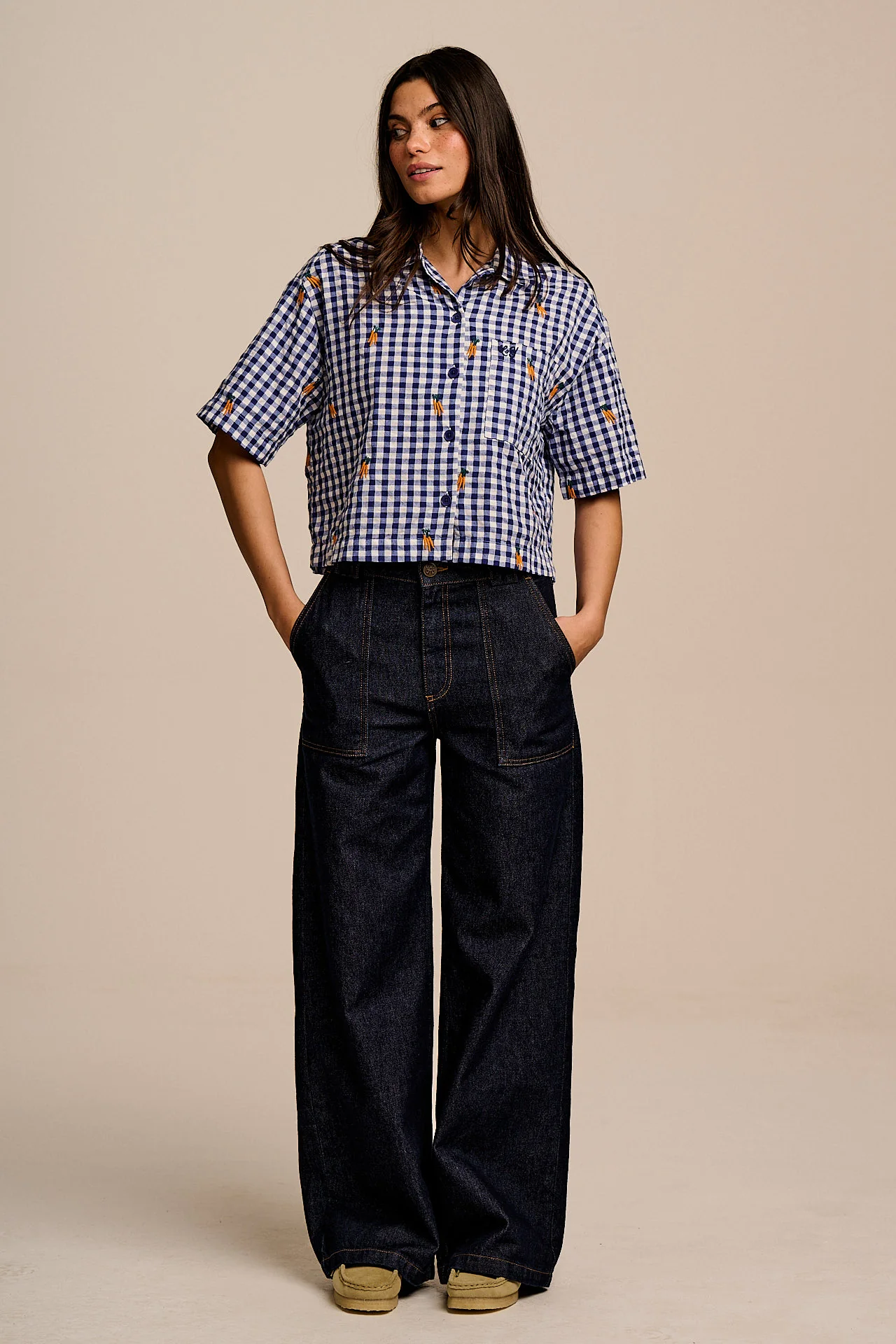 Archer - Cotton Shirt in Gingham with Carrot Embroidery - Image 7