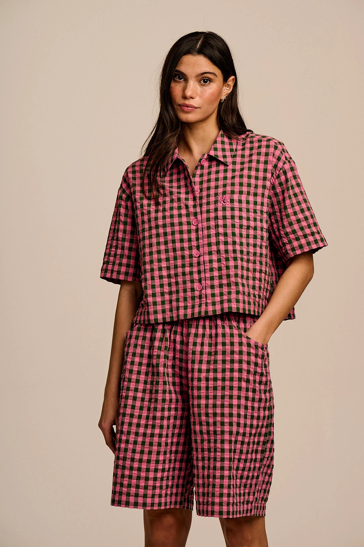 Archer - Cotton Shirt in Pink & Green Gingham - Image 2