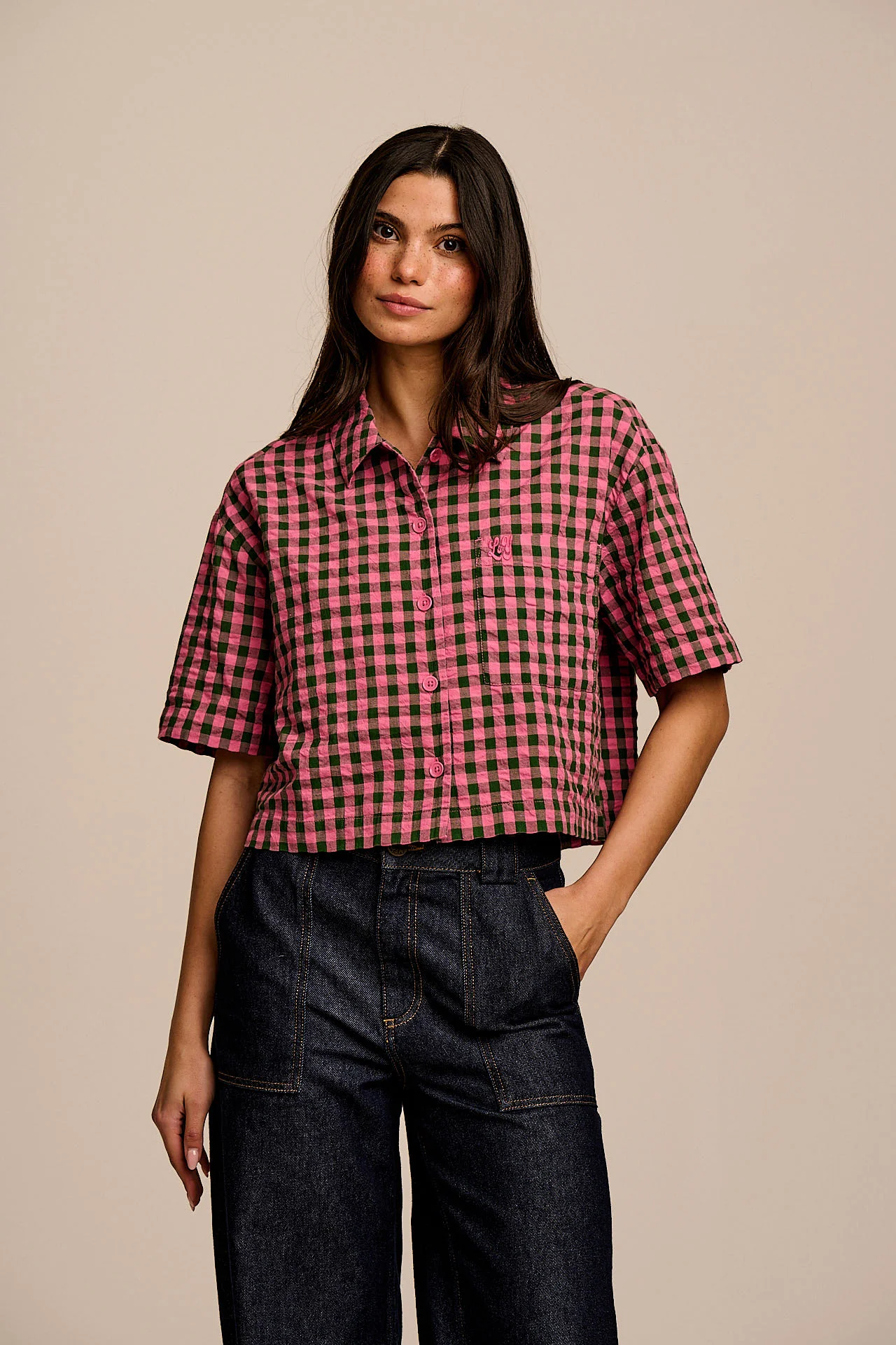 Archer - Cotton Shirt in Pink & Green Gingham - Image 4