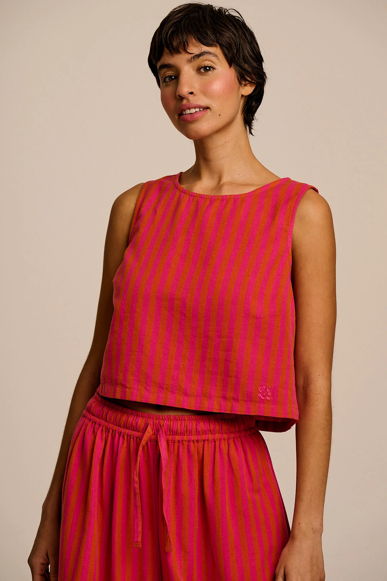 Arden - Cotton & Linen Shell Top in Pink & Orange Stripe - Image 2