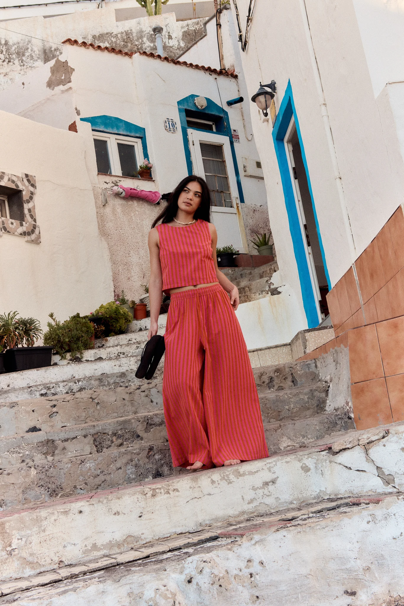 Arden - Cotton & Linen Shell Top in Pink & Orange Stripe - Image 5
