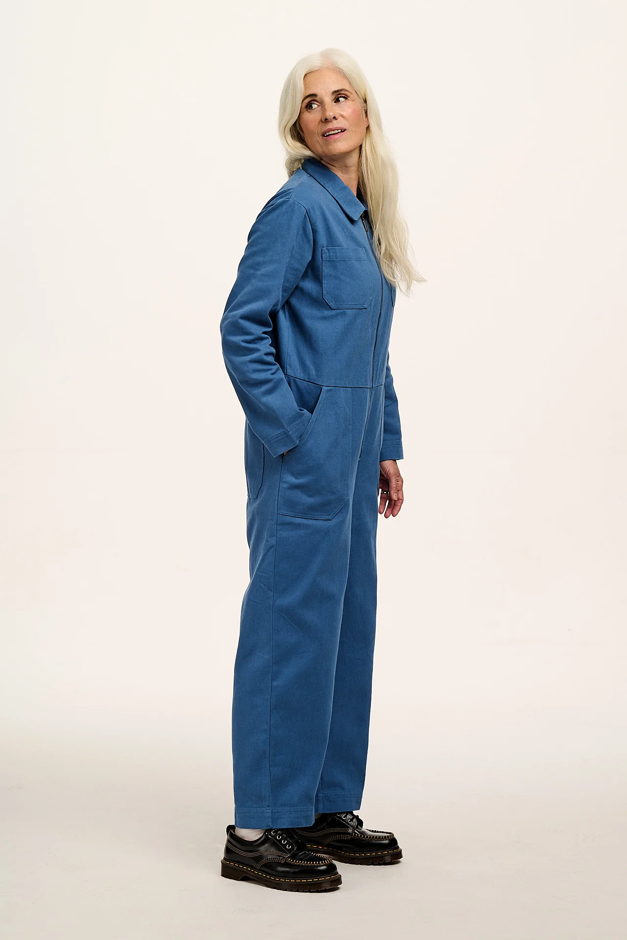 Arendal - Cotton Long Sleeve Jumpsuit in Blue - Image 4