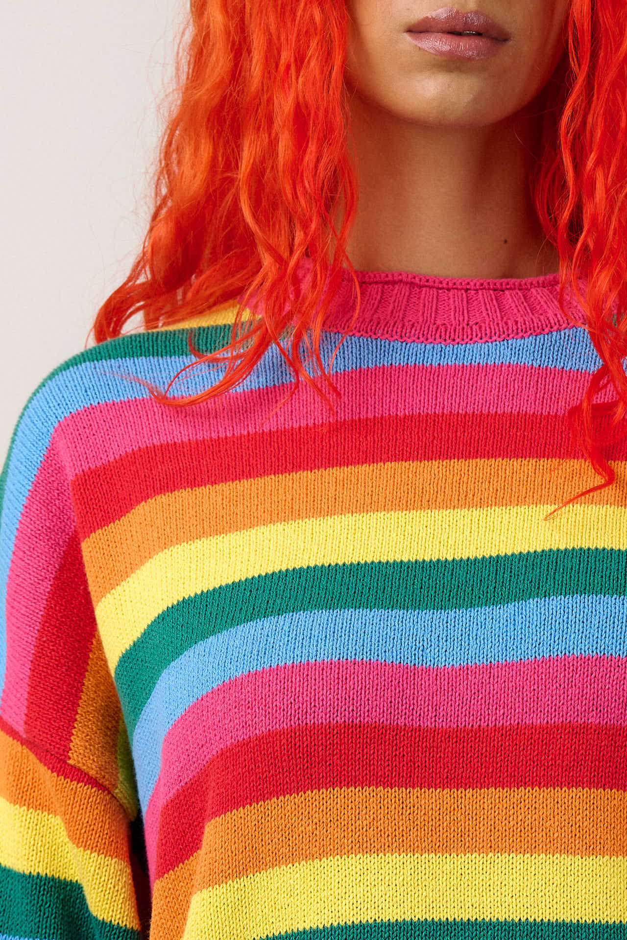 Areum - Cotton Bubble Hem Knitted Jumper in Rainbow Stripe - Image 2
