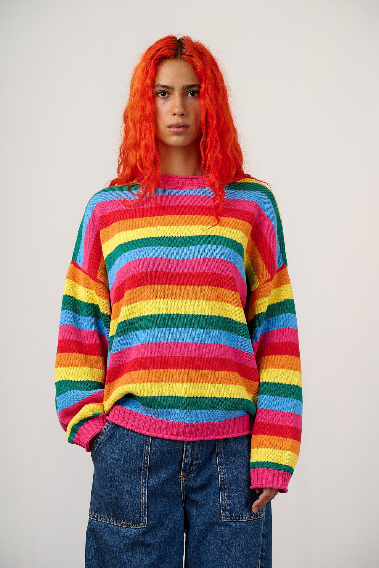 Areum - Cotton Bubble Hem Knitted Jumper in Rainbow Stripe - Image 3