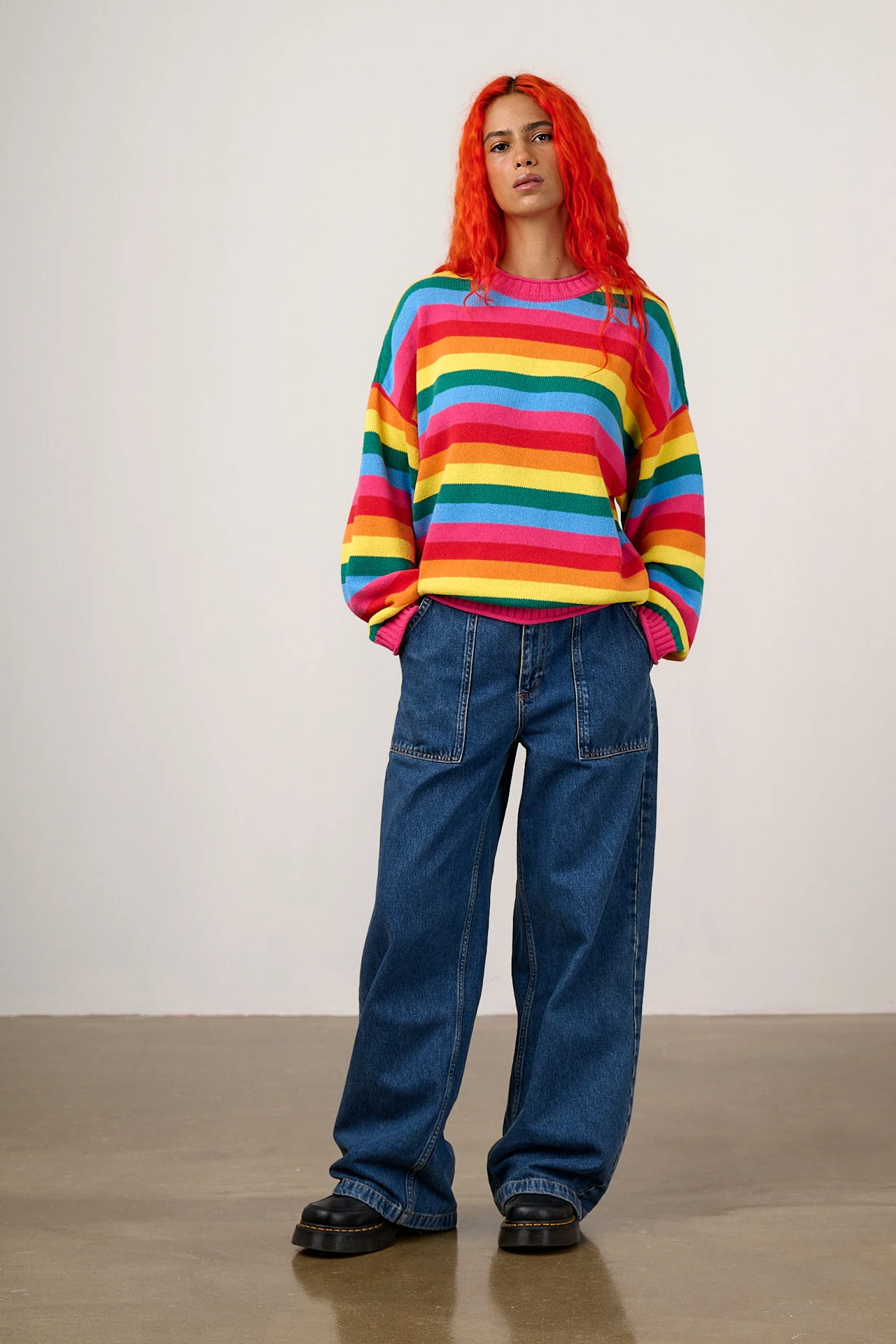 Areum - Cotton Bubble Hem Knitted Jumper in Rainbow Stripe - Image 4