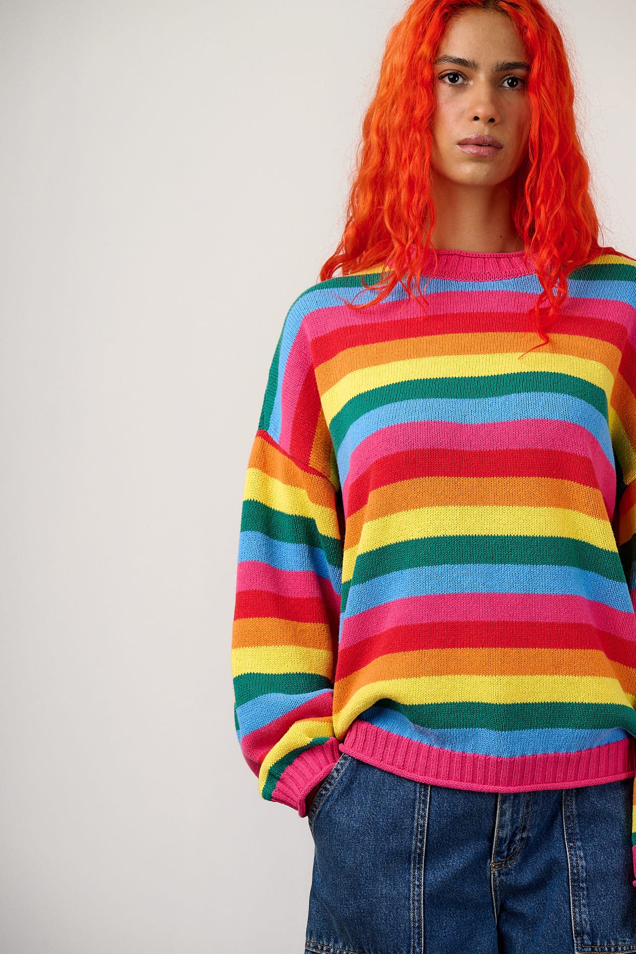 Areum - Cotton Bubble Hem Knitted Jumper in Rainbow Stripe - Image 5