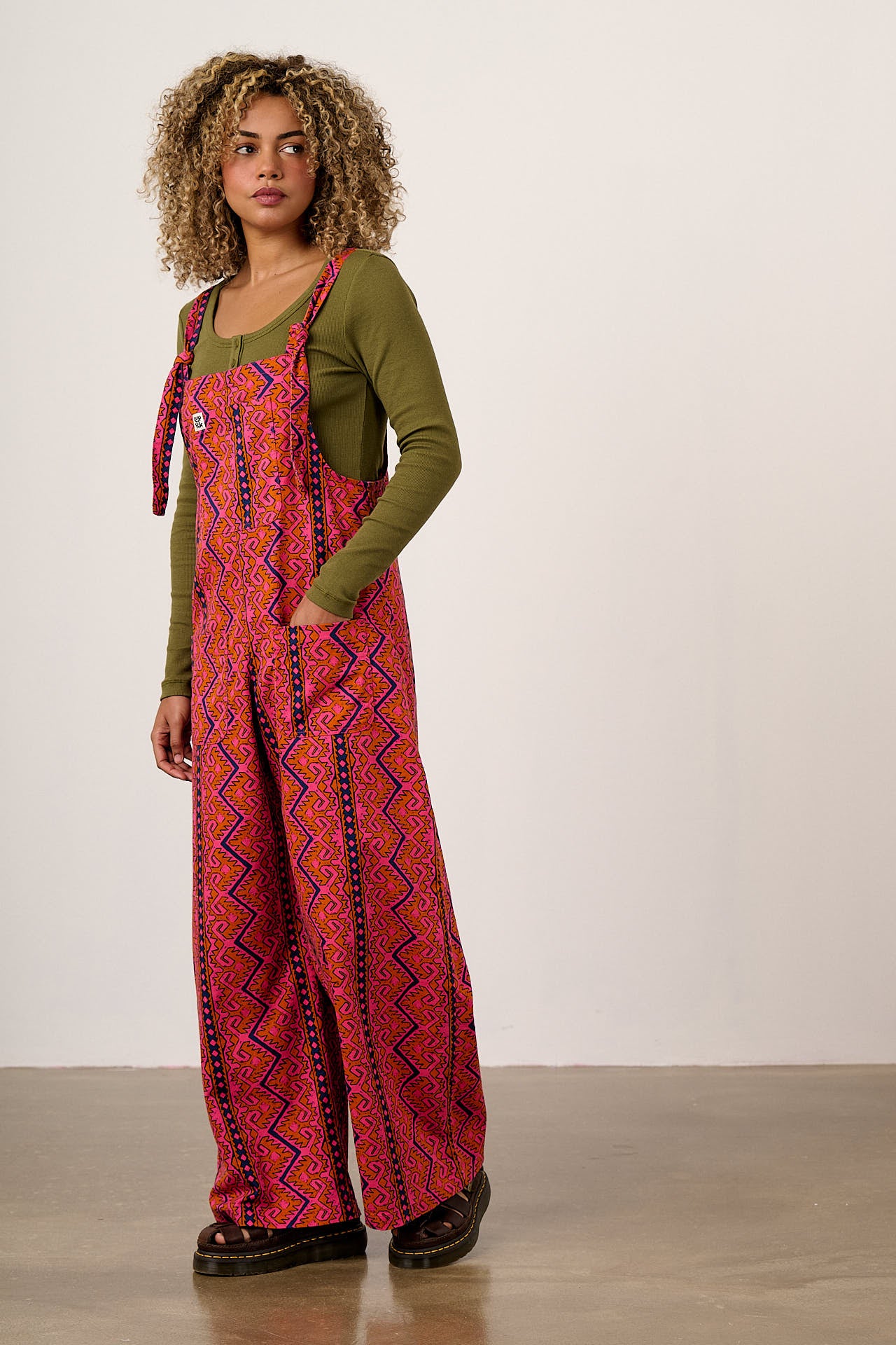 Arlo - Cotton Wide Leg Dungarees in Red Zig Zag Stripe - Image 6