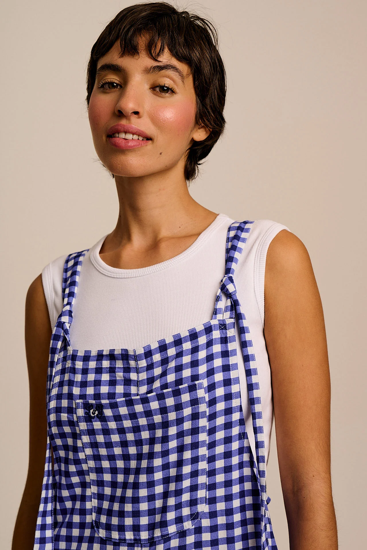 Arlo - Cotton & Viscose Wide Leg Dungarees in Blue Gingham Check - Image 4