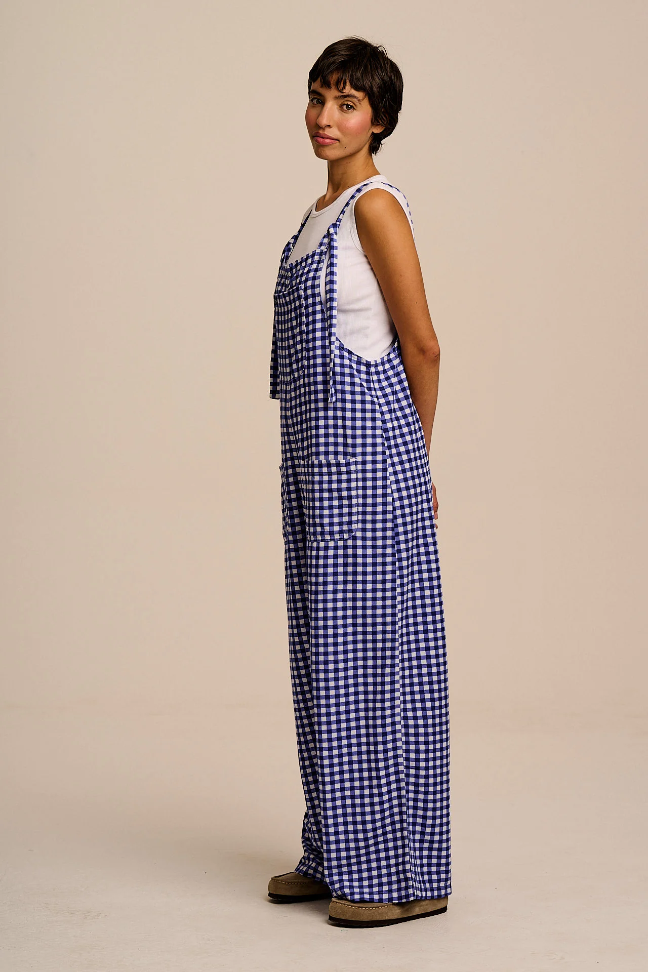 Arlo - Cotton & Viscose Wide Leg Dungarees in Blue Gingham Check - Image 6