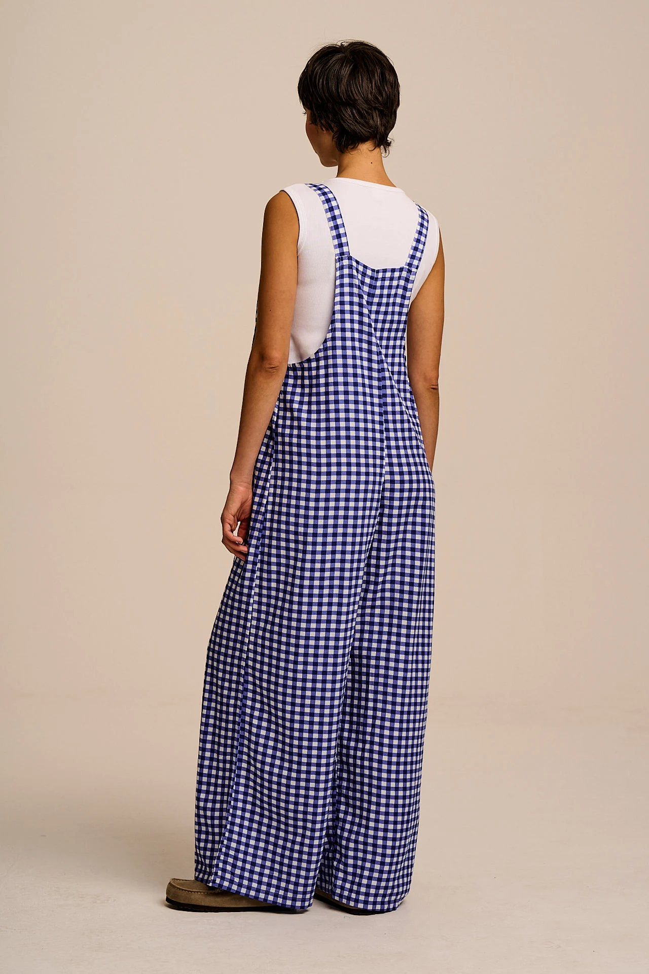 Arlo - Cotton & Viscose Wide Leg Dungarees in Blue Gingham Check - Image 7