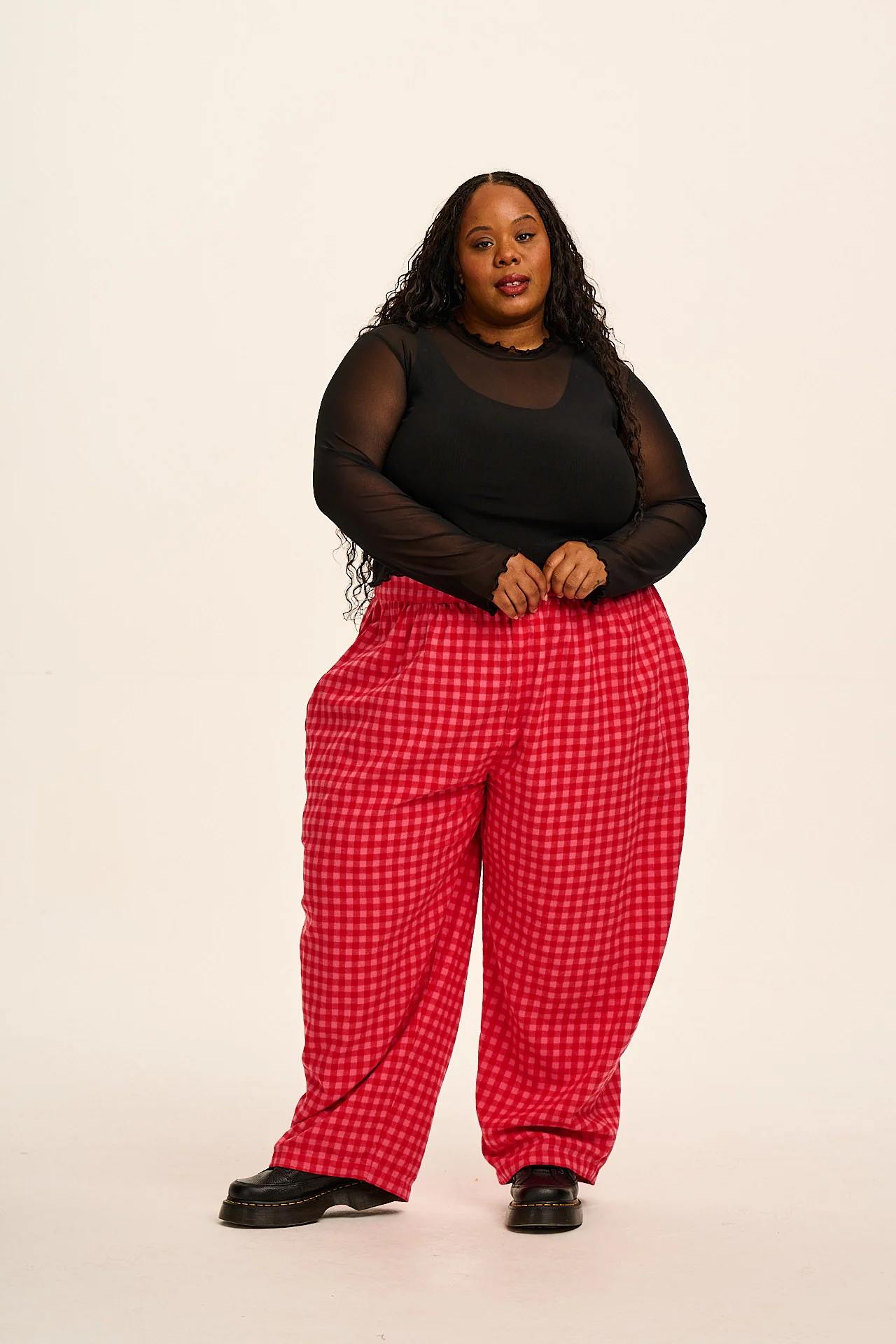 Beau - Barrel Leg Brushed Cotton Trousers in Pink and Red Gingham - Image 6