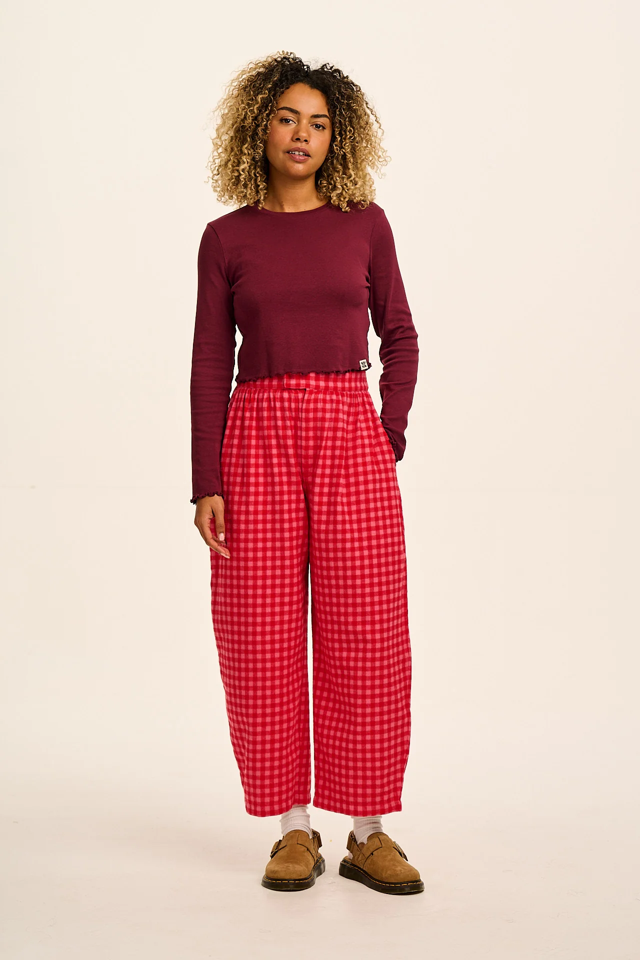 Beau - Barrel Leg Brushed Cotton Trousers in Pink and Red Gingham - Image 9
