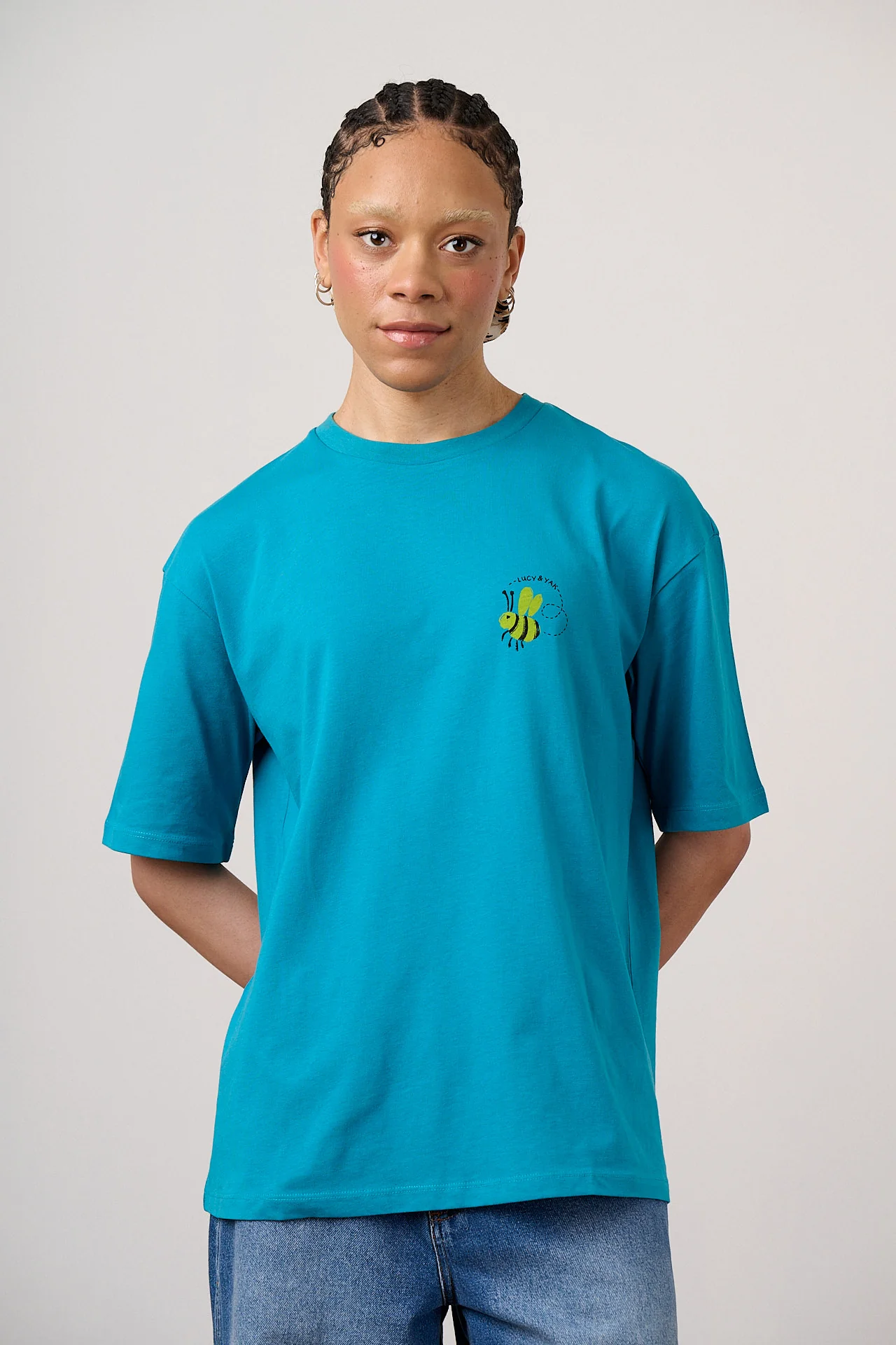 Benny - Oversized Cotton T-Shirt in Blue Flower Tile Print - Image 4