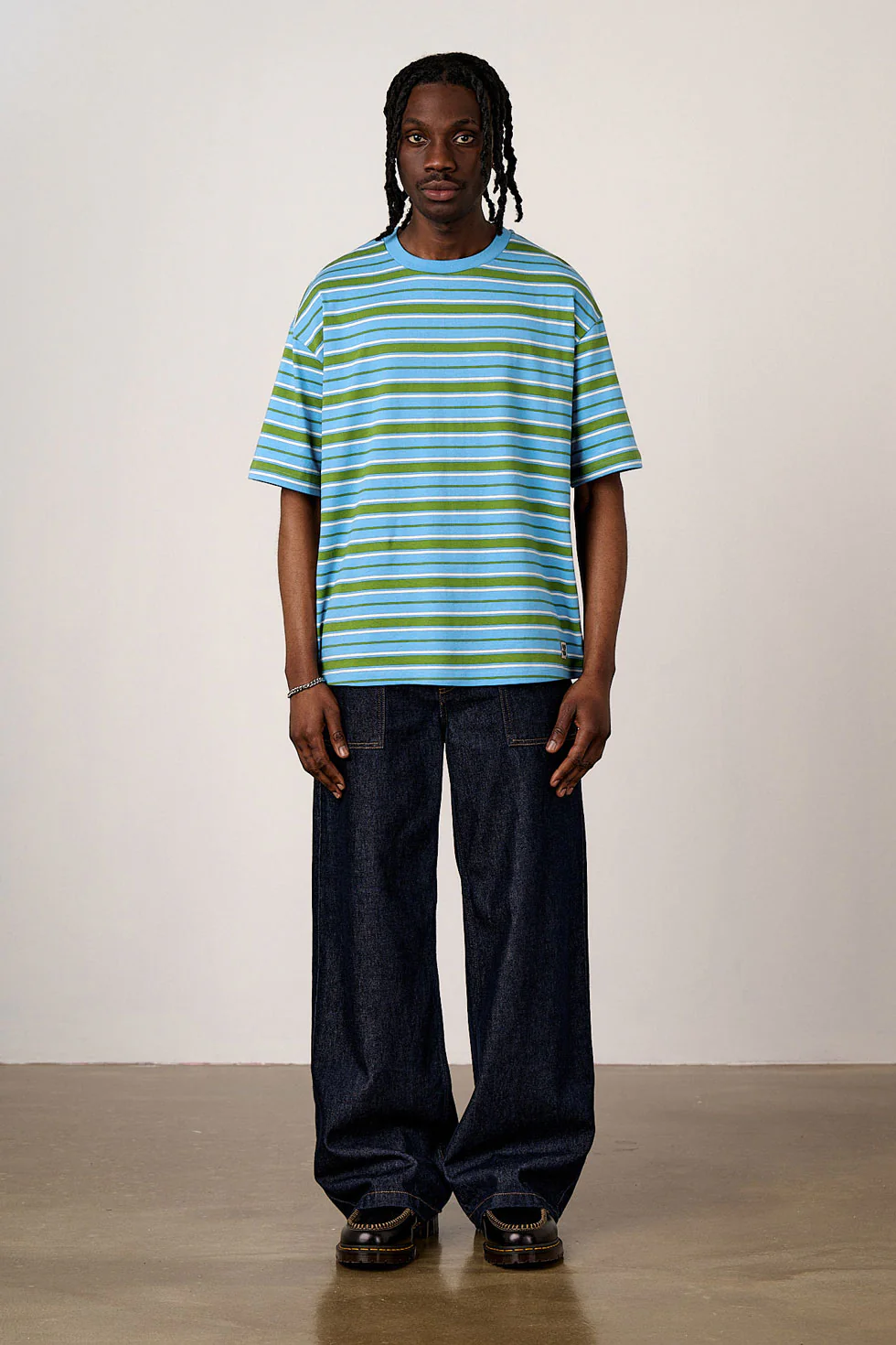 Benny - Oversized Cotton T-Shirt in Green & Blue Stripe - Image 3
