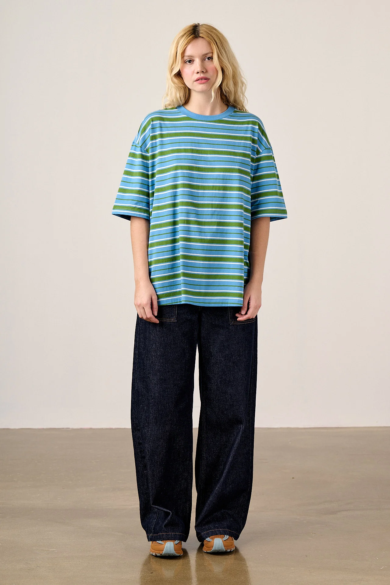 Benny - Oversized Cotton T-Shirt in Green & Blue Stripe - Image 4