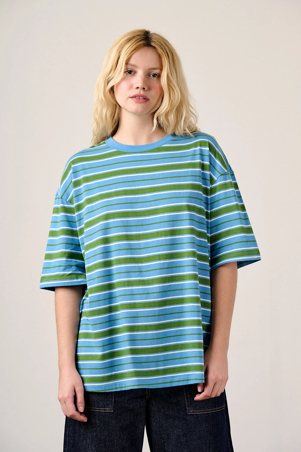 Benny - Oversized Cotton T-Shirt in Green & Blue Stripe - Image 5