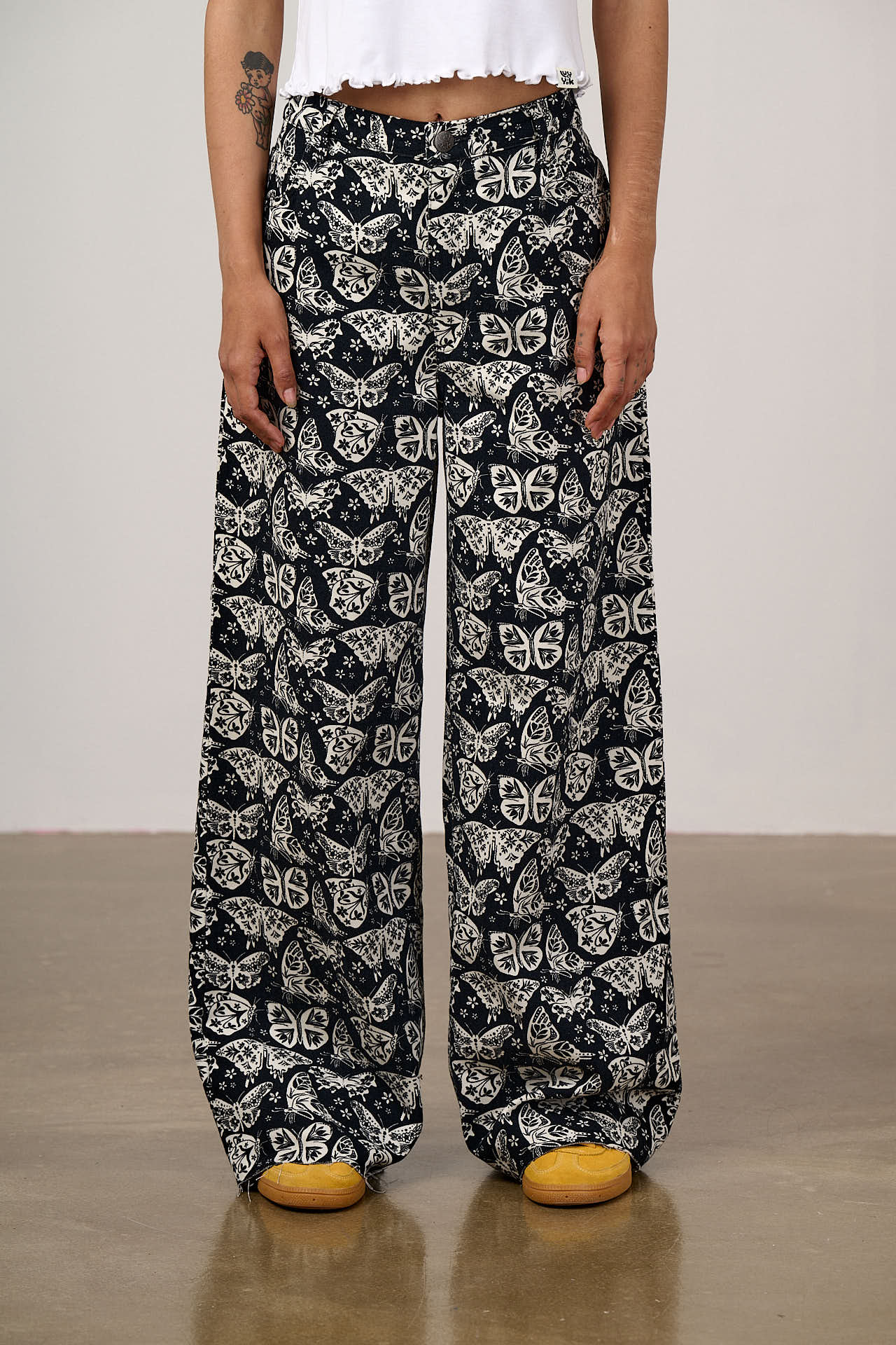 Carter - High Waisted Cotton Trousers in Black & White Butterfly Print - Image 2