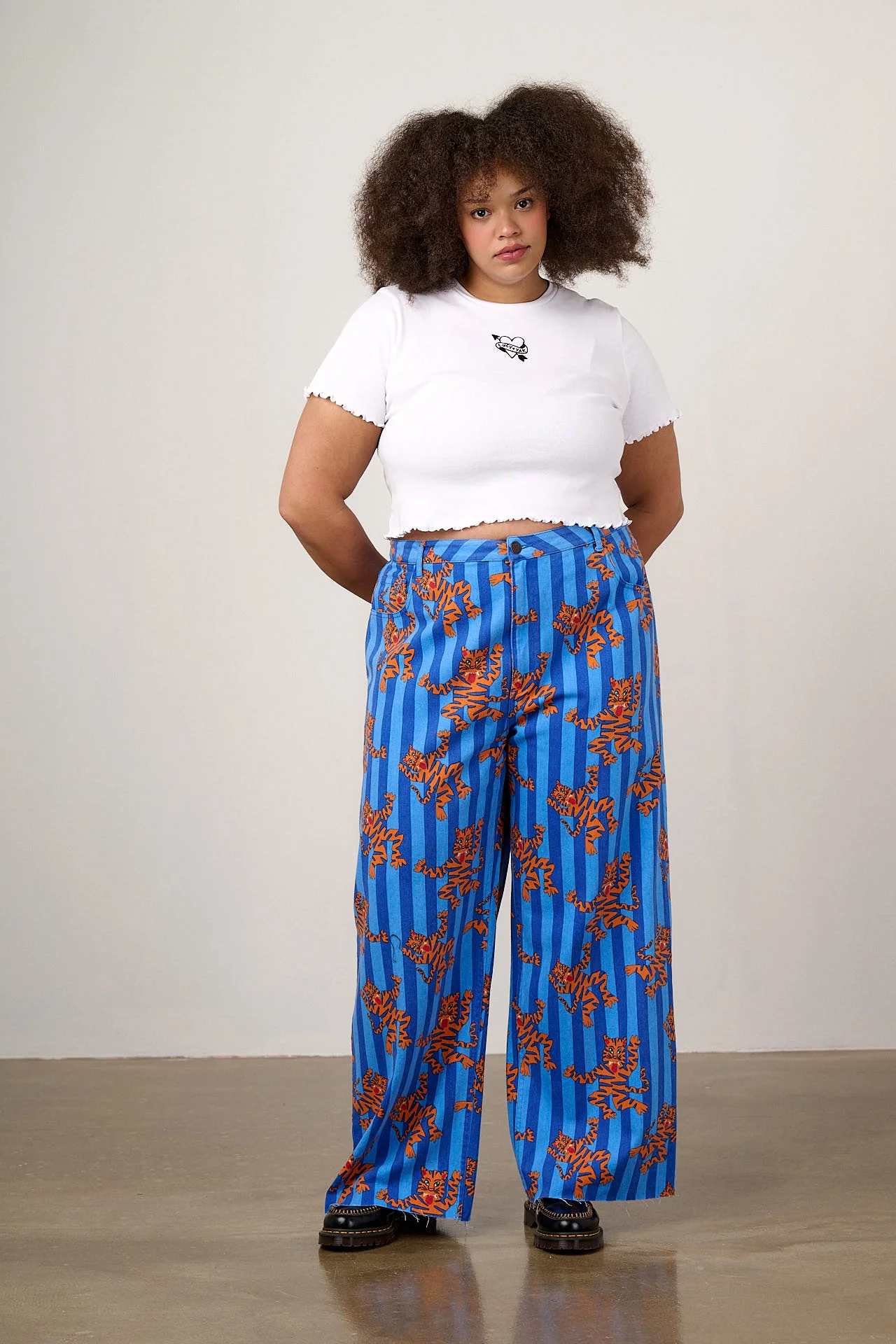 Carter - High Waisted Cotton Trousers in Blue Tiger Stripe - Image 10