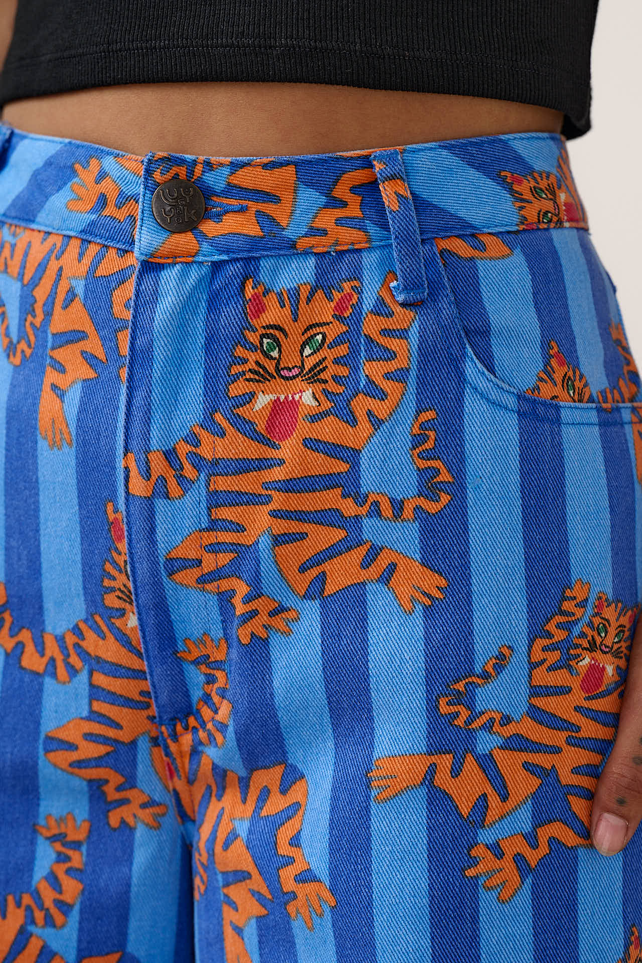 Carter - High Waisted Cotton Trousers in Blue Tiger Stripe - Image 5