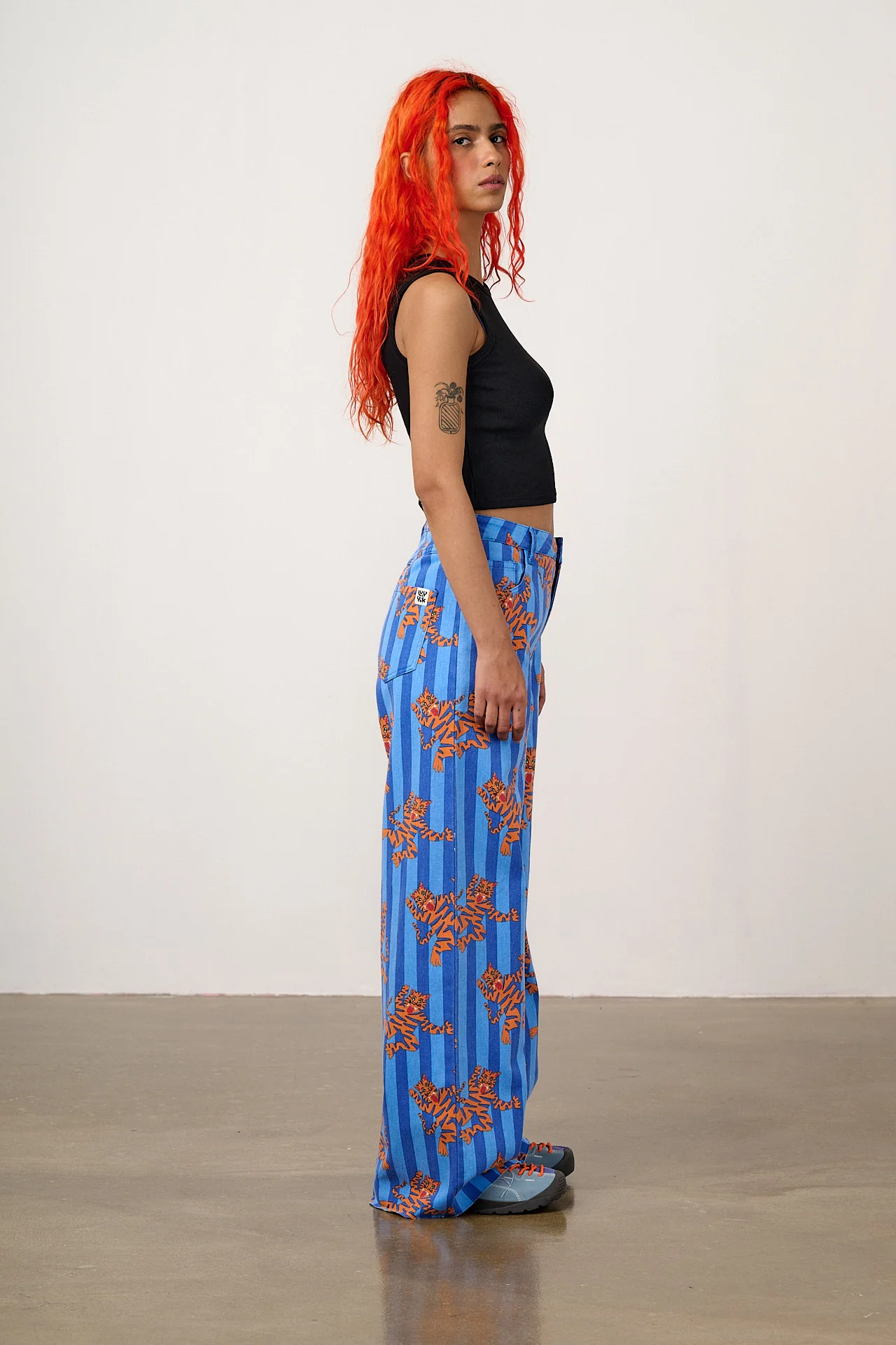 Carter - High Waisted Cotton Trousers in Blue Tiger Stripe - Image 7