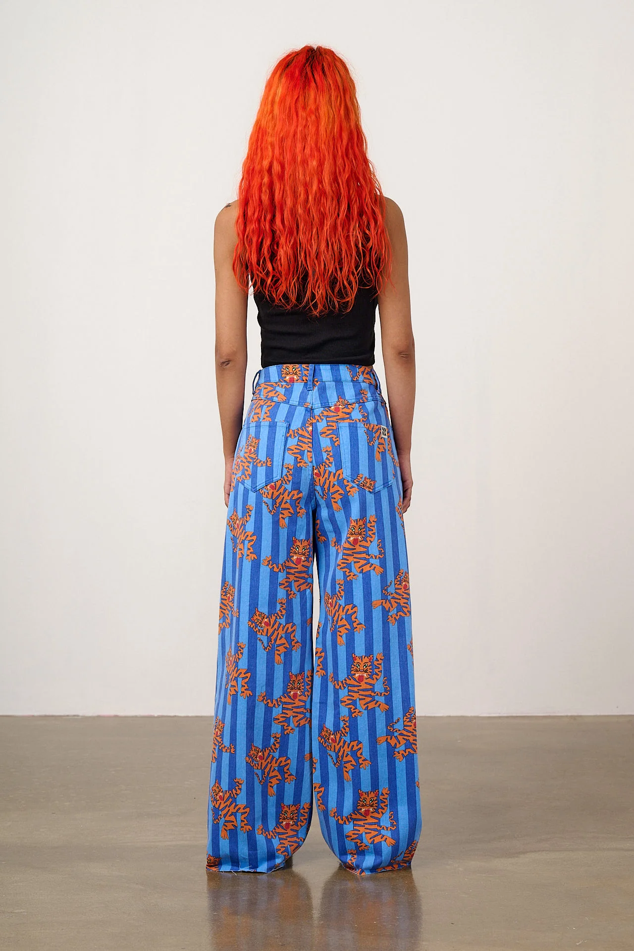 Carter - High Waisted Cotton Trousers in Blue Tiger Stripe - Image 8