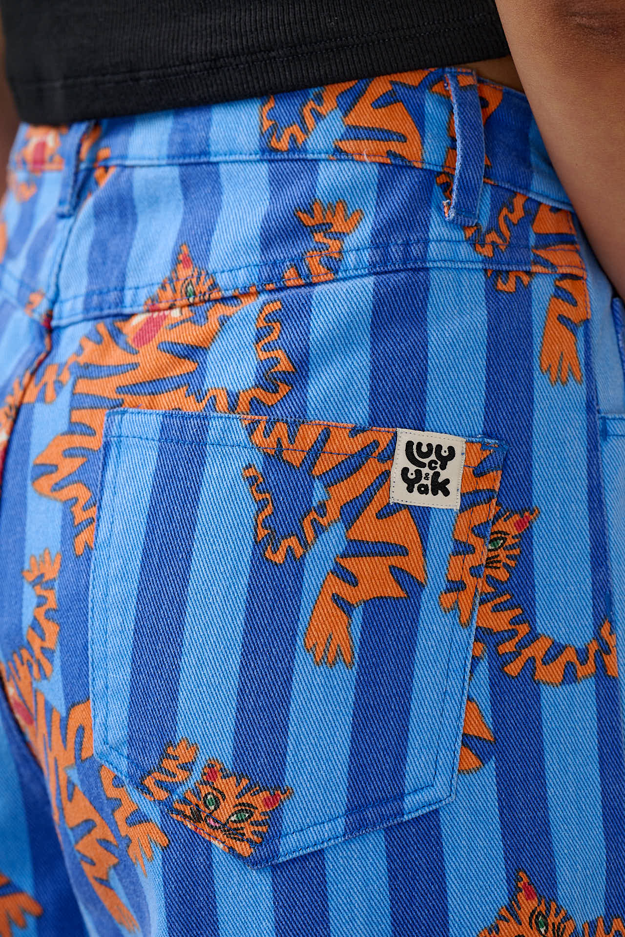 Carter - High Waisted Cotton Trousers in Blue Tiger Stripe - Image 9